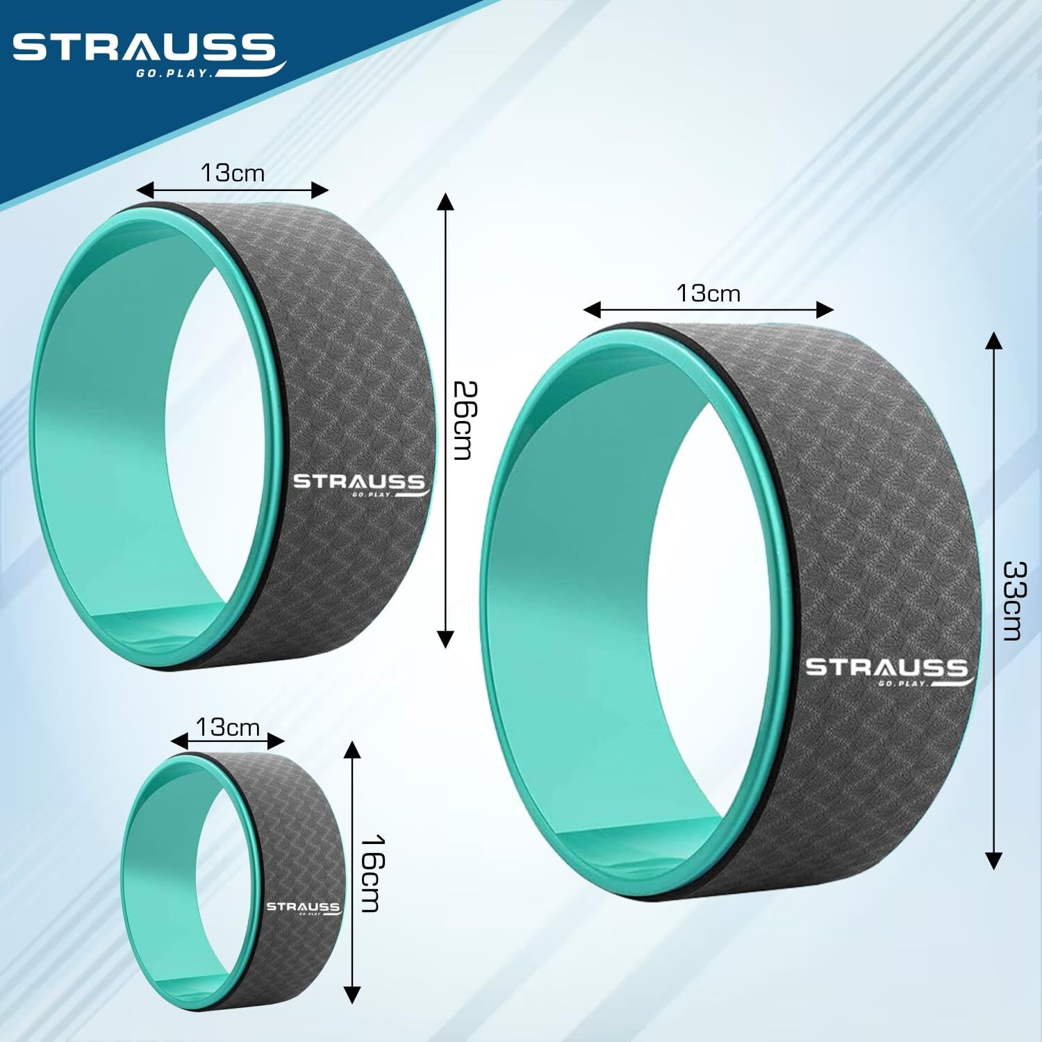 Strauss Yoga Wheel | Ideal for Stretching, Backbends, Exercise, Deep Tissue Massage & Back Pain Relief | Dharma Yoga Prop Wheel with Ultimate Comfort |Set of 3, (Black)