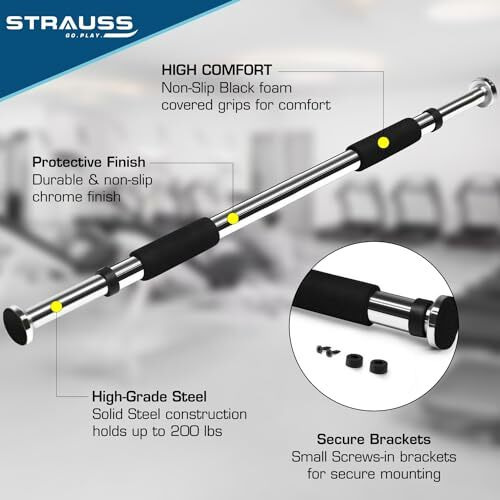 Strauss Chin Up Door Bar | Pull Up Bars For Home Workout with Palm Pad and Anti-skid Grip | Door Way Adjustable Length Hanging Rod | Hanging Bar for Pull-ups,Push ups & Chin ups,(Silver)