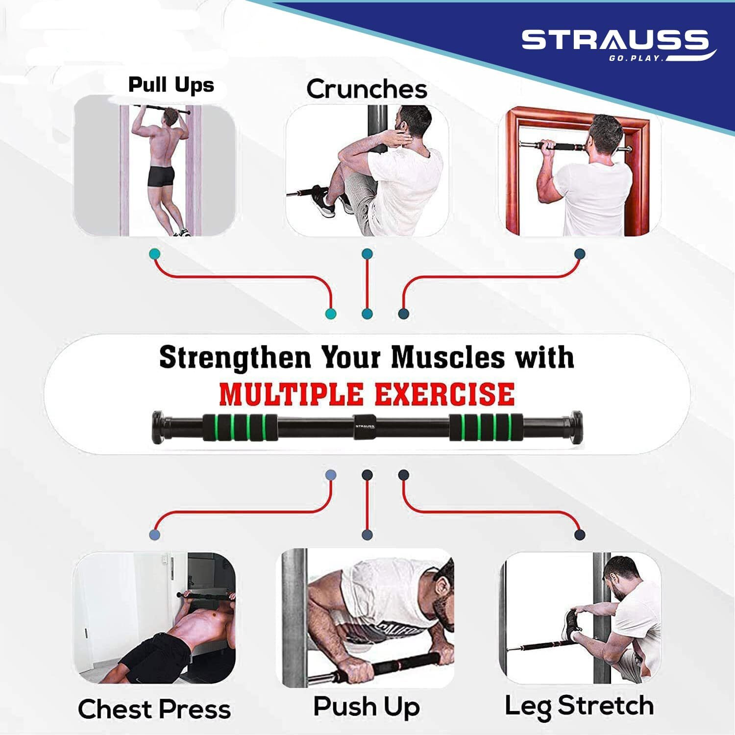 Strauss Chin Up Door Bar | Pull Up Bars For Home Workout with Palm Pad and Anti-skid Grip | Door Way Adjustable Length Hanging Rod Without Screw | Hanging Bar for Pull-ups,Push ups & Chin ups,(Green)