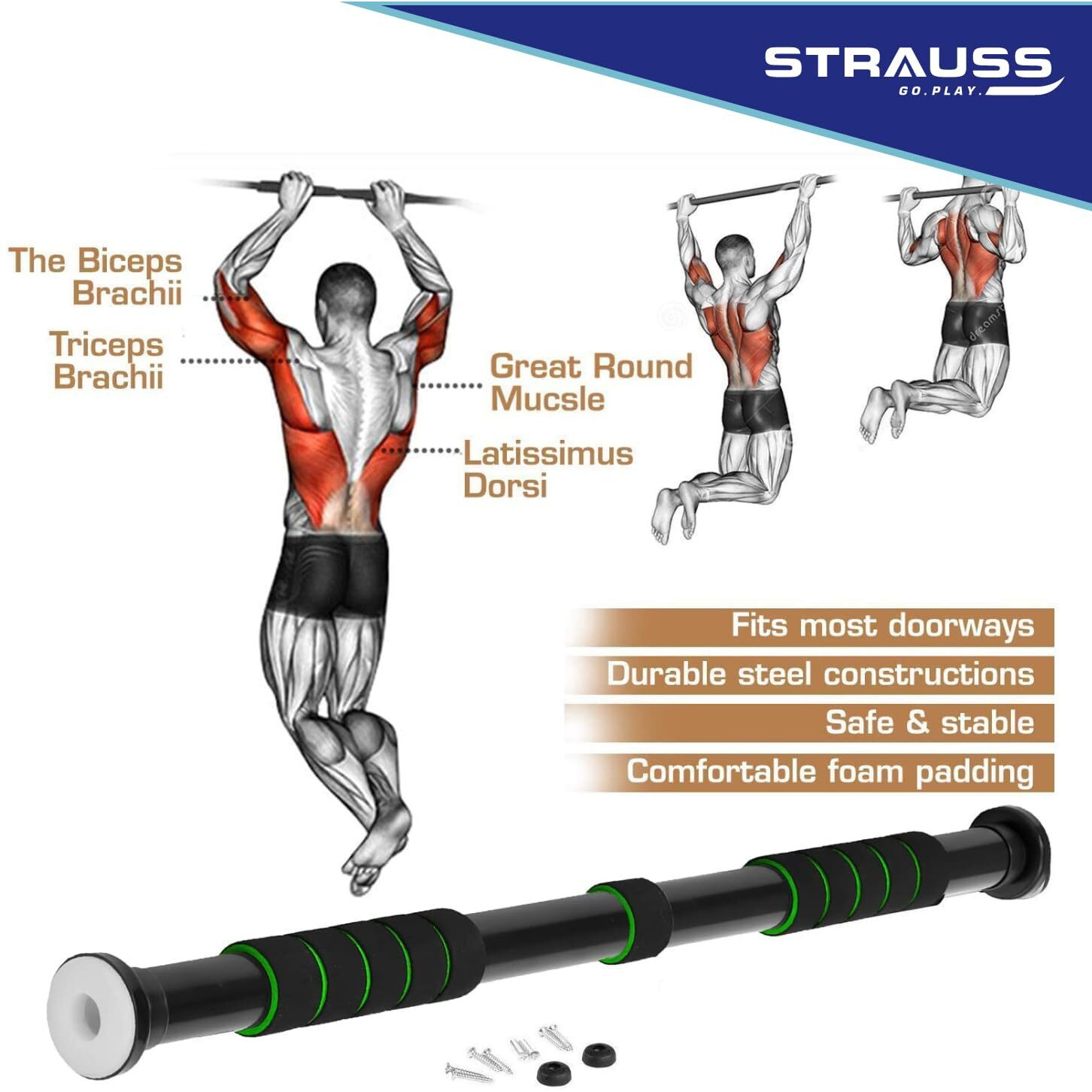 Strauss Chin Up Door Bar | Pull Up Bars For Home Workout with Palm Pad and Anti-skid Grip | Door Way Adjustable Length Hanging Rod Without Screw | Hanging Bar for Pull-ups,Push ups & Chin ups,(Green)