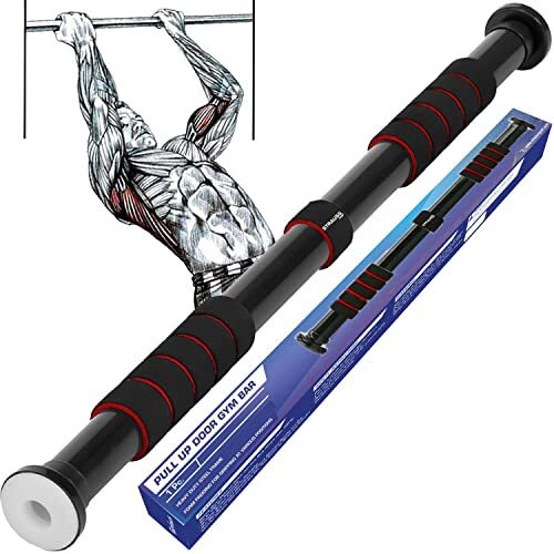 Strauss Chin Up Door Bar | Pull Up Bars For Home Workout with Palm Pad and Anti-skid Grip | Door Way Adjustable Length Hanging Rod | Hanging Bar for Pull-ups,Push ups & Chin ups,(Red)