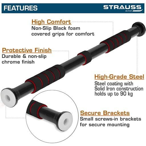 Strauss Chin Up Door Bar | Pull Up Bars For Home Workout with Palm Pad and Anti-skid Grip | Door Way Adjustable Length Hanging Rod | Hanging Bar for Pull-ups,Push ups & Chin ups,(Red)