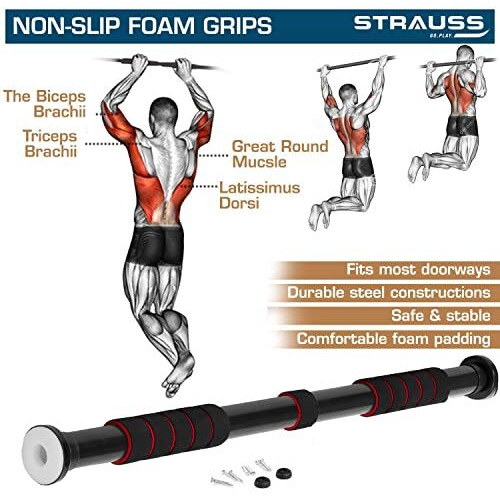 Strauss Chin Up Door Bar | Pull Up Bars For Home Workout with Palm Pad and Anti-skid Grip | Door Way Adjustable Length Hanging Rod | Hanging Bar for Pull-ups,Push ups & Chin ups,(Red)