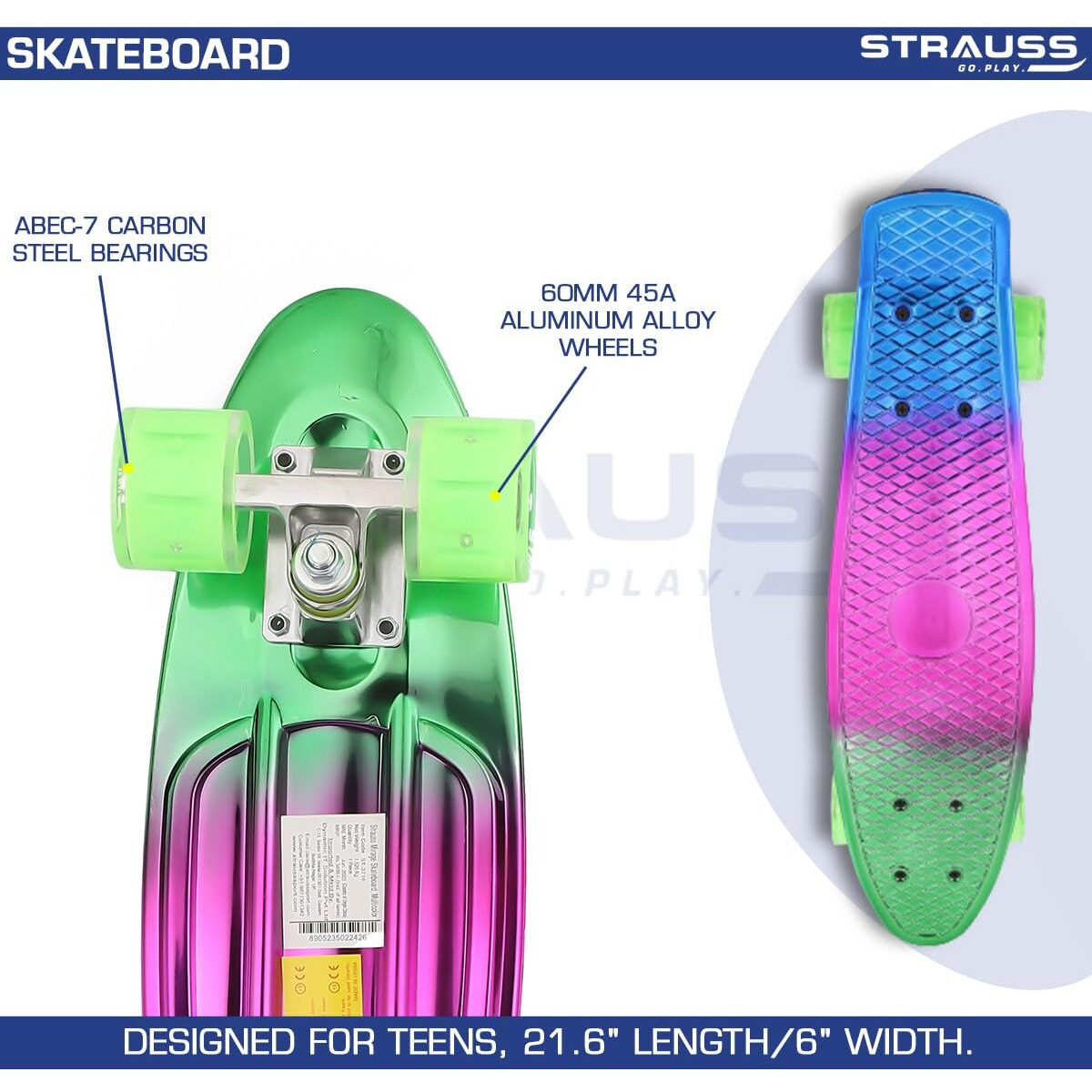 STRAUSS Cruiser Skateboard| Penny Skateboard | Casterboard | Hoverboard | Anti-Skid Board with ABEC-7 High Precision Bearings | Ideal for 8 Years and above | 22 X 6 Inch,(Green,Pink,Blue)