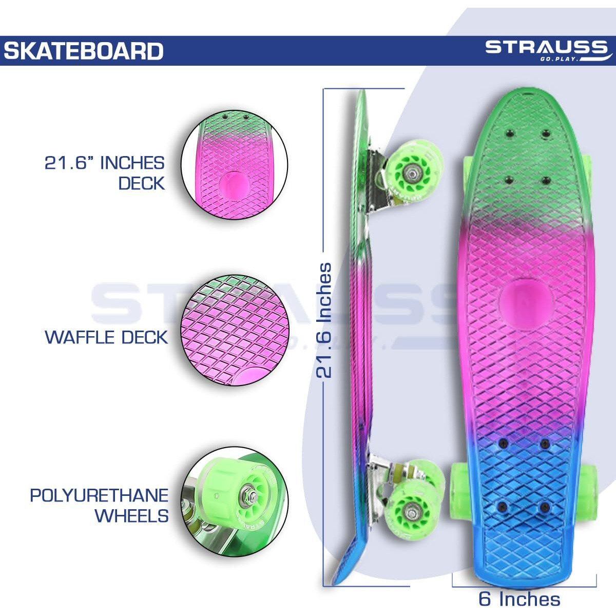 STRAUSS Cruiser Skateboard| Penny Skateboard | Casterboard | Hoverboard | Anti-Skid Board with ABEC-7 High Precision Bearings | Ideal for 8 Years and above | 22 X 6 Inch,(Green,Pink,Blue)