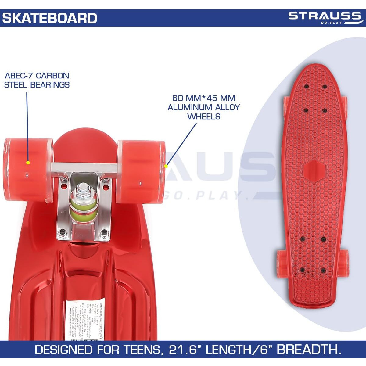 STRAUSS Cruiser Skateboard| Penny Skateboard | Casterboard | Hoverboard | Anti-Skid Board with ABEC-7 High Precision Bearings | PU Wheel with Light |Ideal for 8 Years and above | 22 X 6 Inch,(Red)