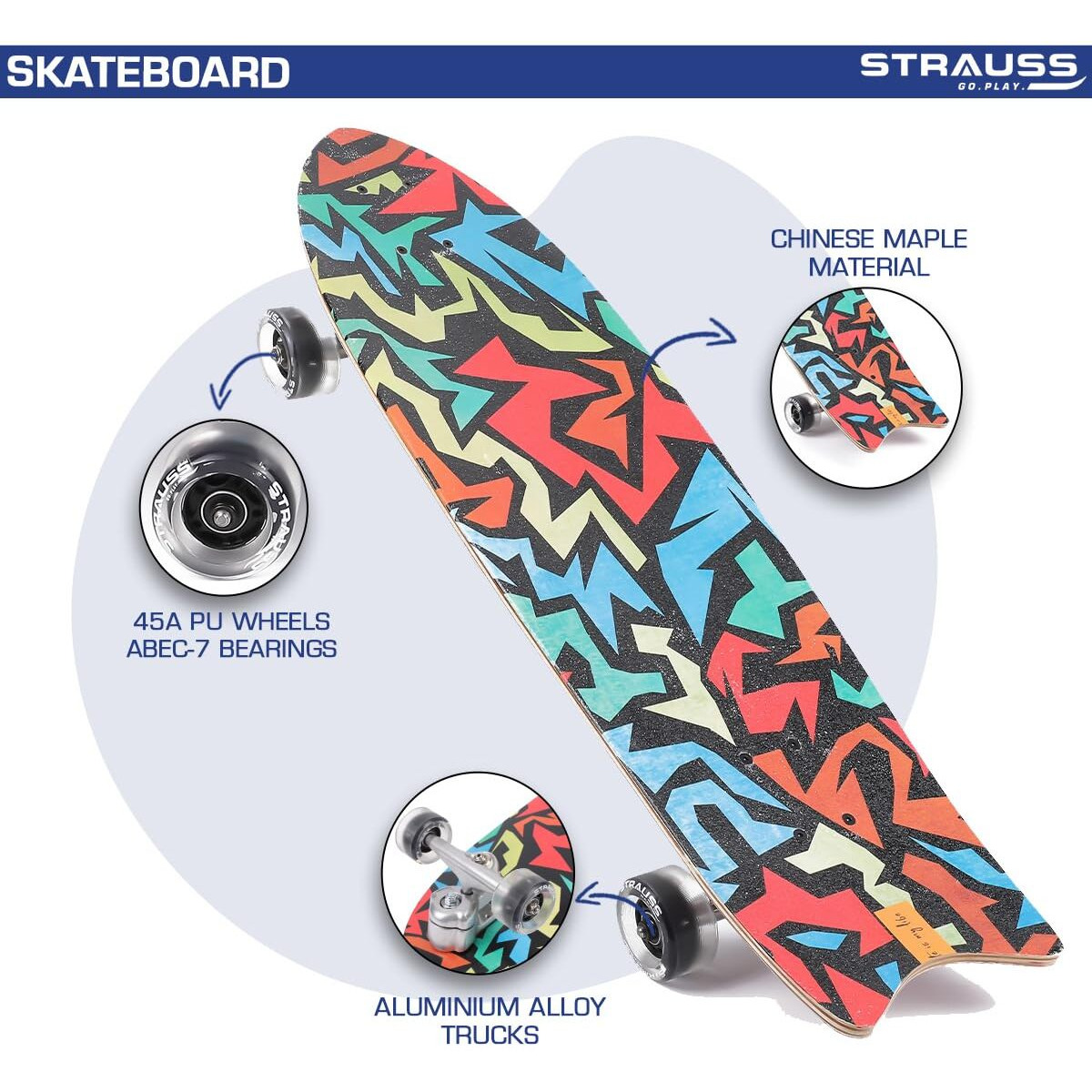 STRAUSS HopBoard Skateboard | Penny Skateboard,Fishboard | Casterboard | Hoverboard | Anti-Skid Board with High Precision Bearings | Wheels with Light | 32 X 9 Inches,Ideal for 8 Years and above