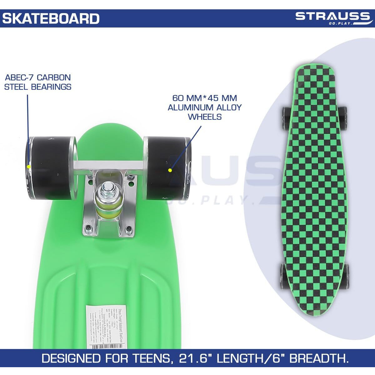STRAUSS Cruiser Skateboard| Penny Skateboard| Casterboard| Hoverboard|Anti-Skid Board with ABEC-7 High Precision Bearings|PU Wheel with Light |Ideal for 8 Years and Above,22 X 6 Inch,(Checkered Green)