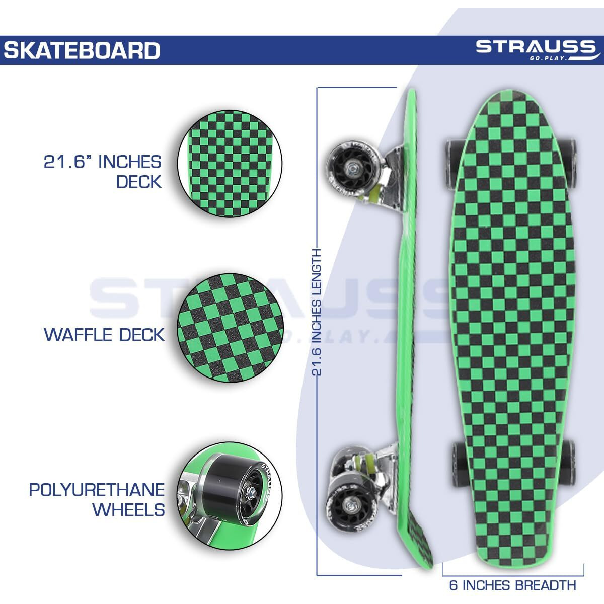 STRAUSS Cruiser Skateboard| Penny Skateboard| Casterboard| Hoverboard|Anti-Skid Board with ABEC-7 High Precision Bearings|PU Wheel with Light |Ideal for 8 Years and Above,22 X 6 Inch,(Checkered Green)