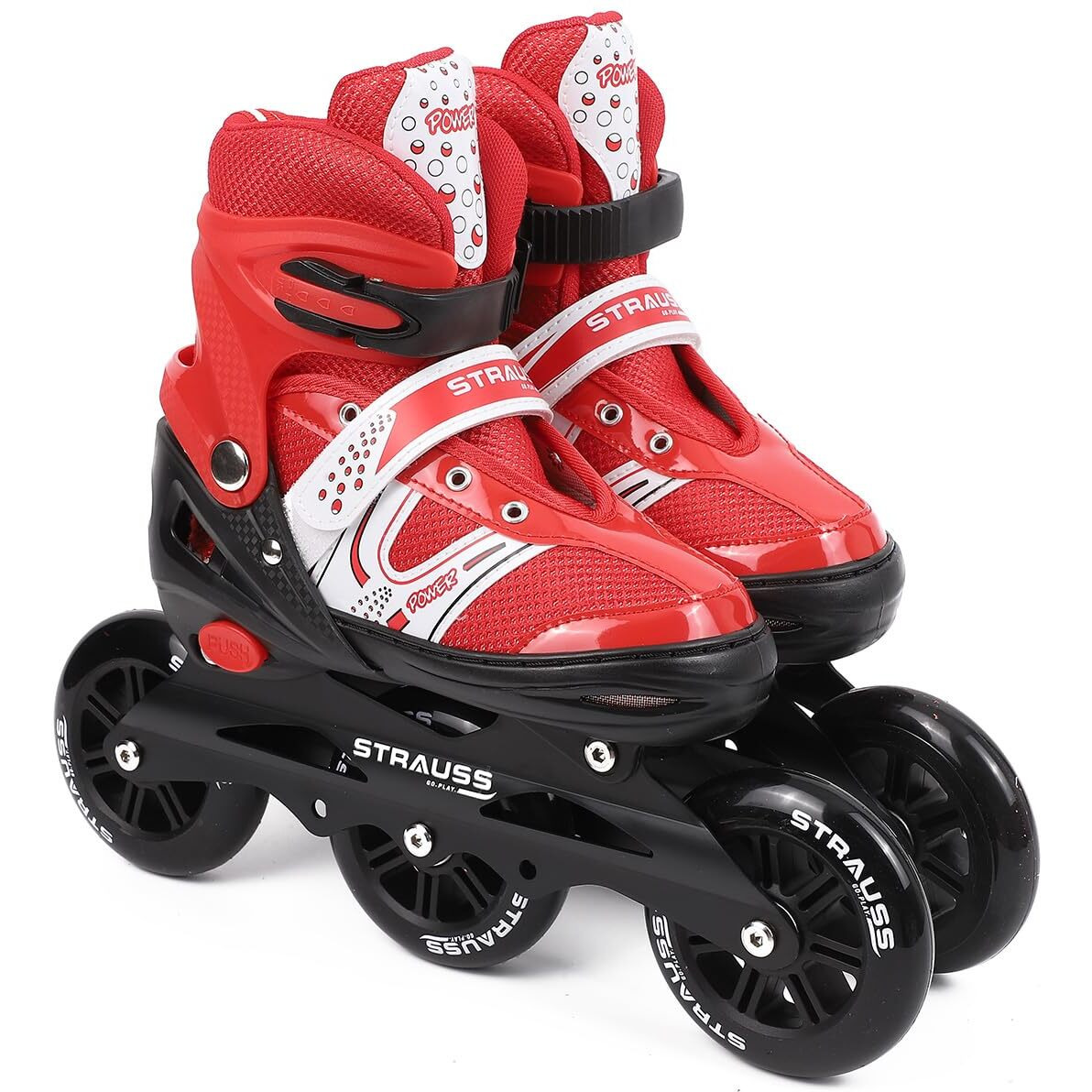 STRAUSS Blaze Adjustable Size Inline Skates | Skating Shoes for Boys & Girls | 3 Wheels |Beginner-Friendly Skating Shoe | Adjustable Roller Blades | Enhanced Stability and Support| Size L,(Red)