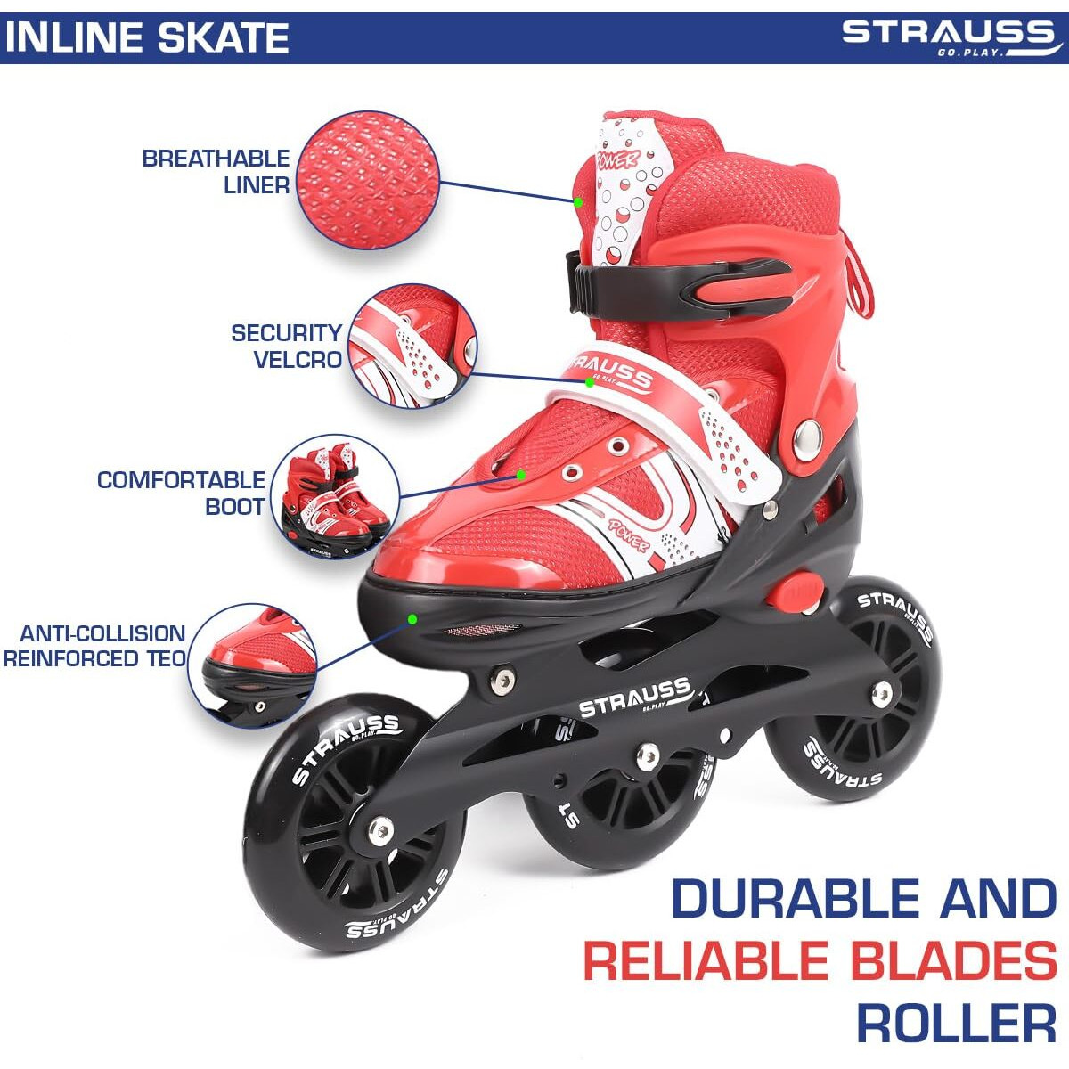 STRAUSS Blaze Adjustable Size Inline Skates | Skating Shoes for Boys & Girls | 3 Wheels |Beginner-Friendly Skating Shoe | Adjustable Roller Blades | Enhanced Stability and Support| Size L,(Red)