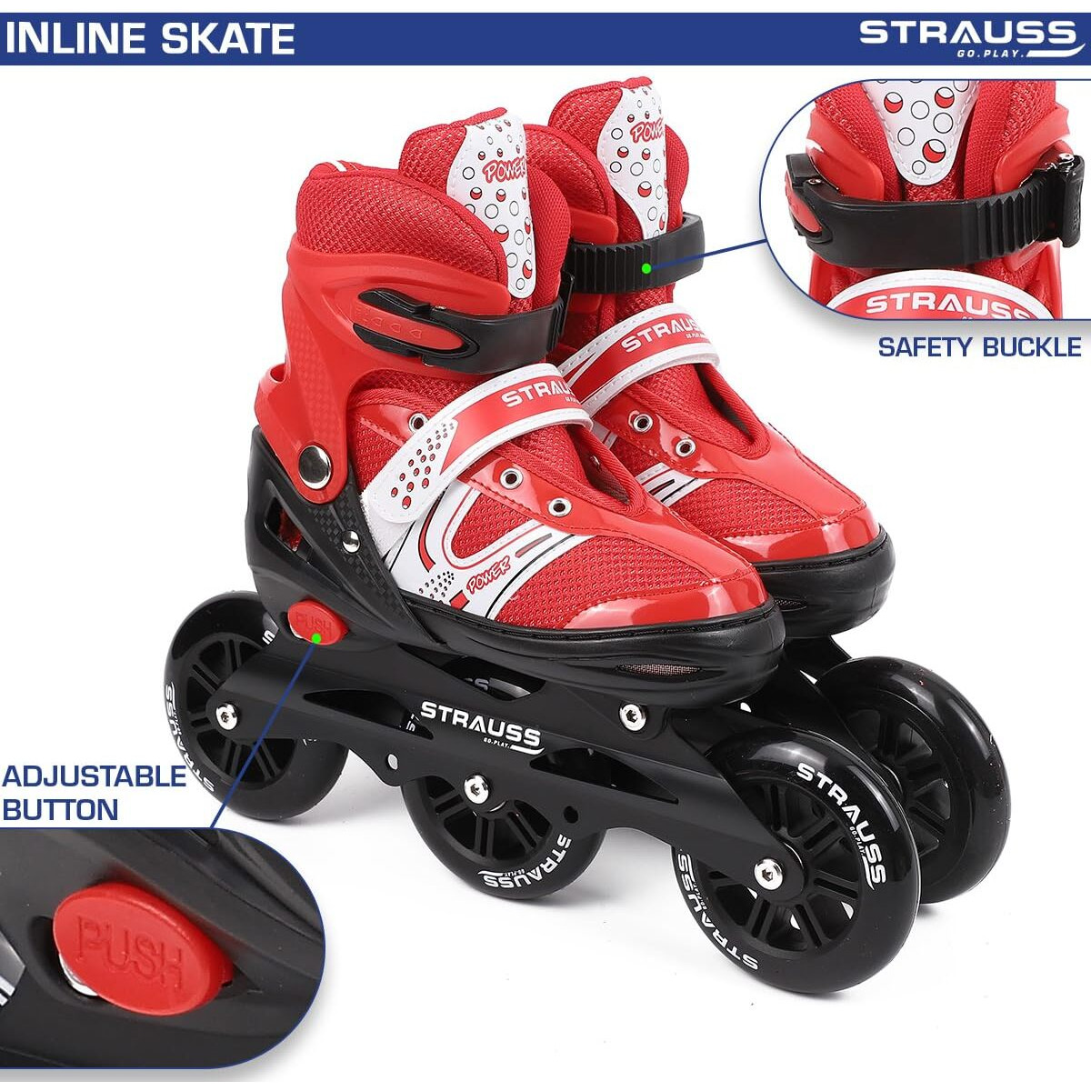 STRAUSS Blaze Adjustable Size Inline Skates | Skating Shoes for Boys & Girls | 3 Wheels |Beginner-Friendly Skating Shoe | Adjustable Roller Blades | Enhanced Stability and Support| Size L,(Red)