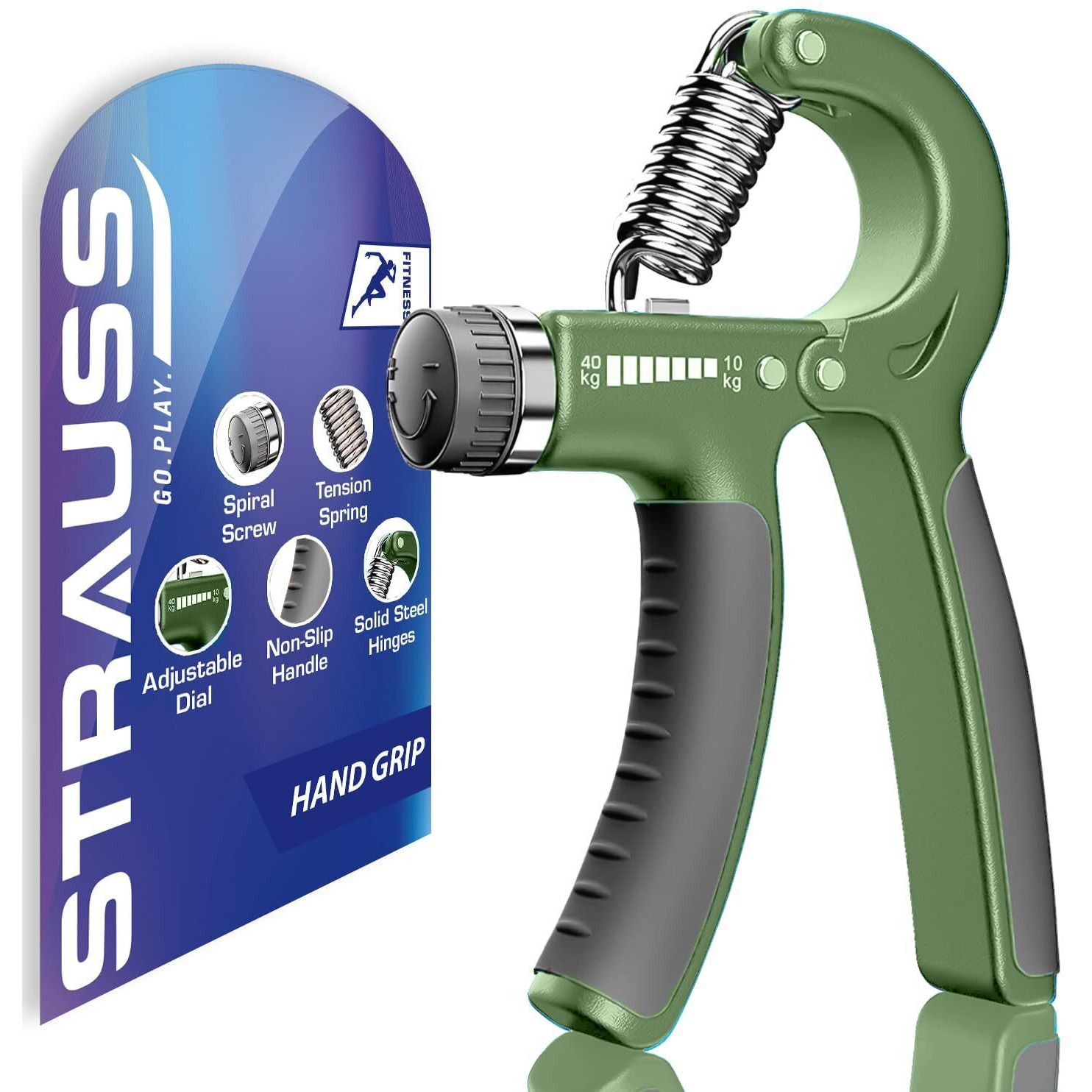 Strauss Adjustable Hand Grip| Adjustable Resistance (10KG - 40KG) | Hand Gripper for Home & Gym Workouts | Perfect for Finger & Forearm Hand Exercises for Men & Women (Dark Green)