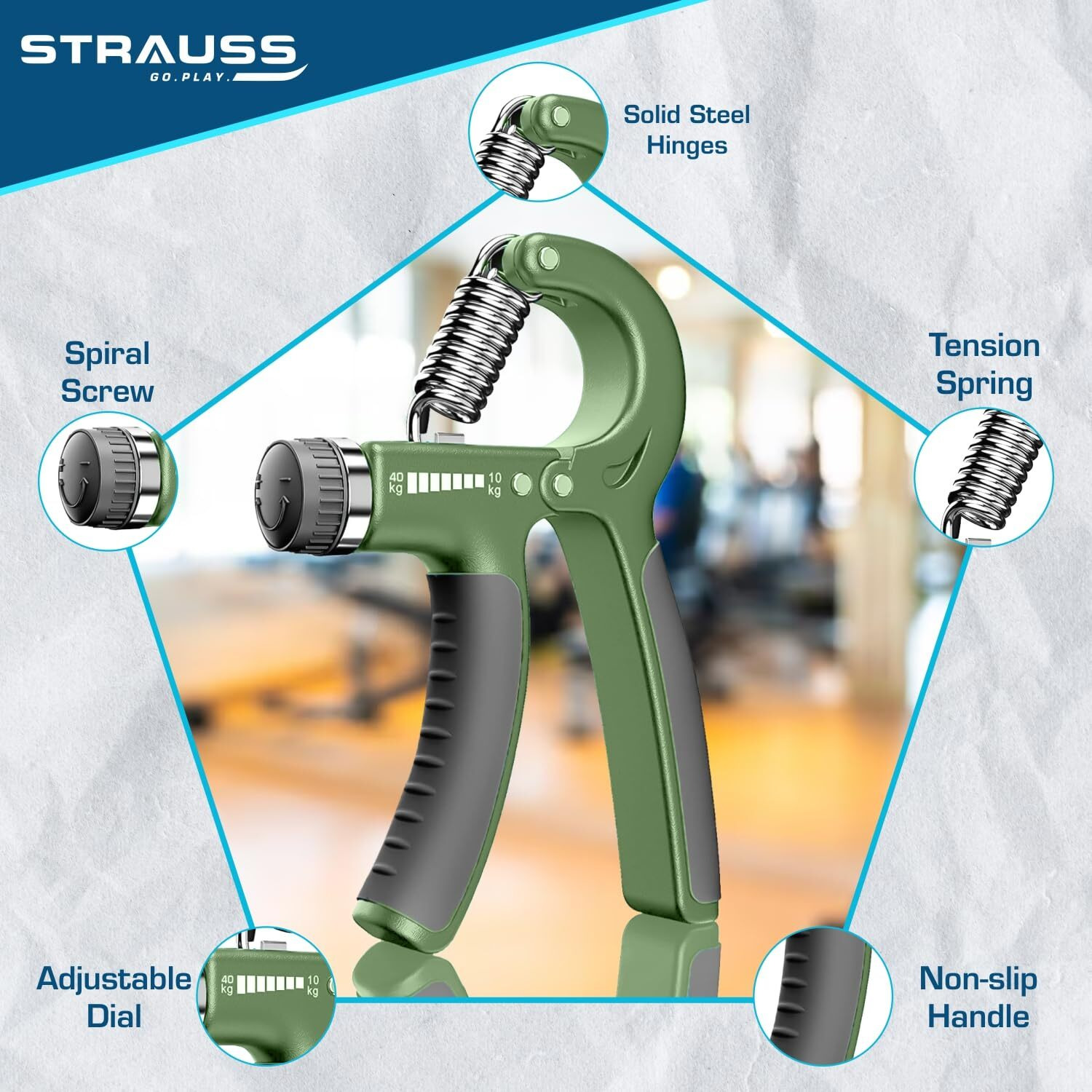 Strauss Adjustable Hand Grip| Adjustable Resistance (10KG - 40KG) | Hand Gripper for Home & Gym Workouts | Perfect for Finger & Forearm Hand Exercises for Men & Women (Dark Green)