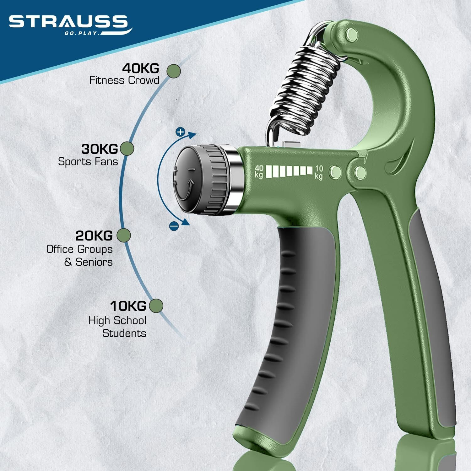 Strauss Adjustable Hand Grip| Adjustable Resistance (10KG - 40KG) | Hand Gripper for Home & Gym Workouts | Perfect for Finger & Forearm Hand Exercises for Men & Women (Dark Green)