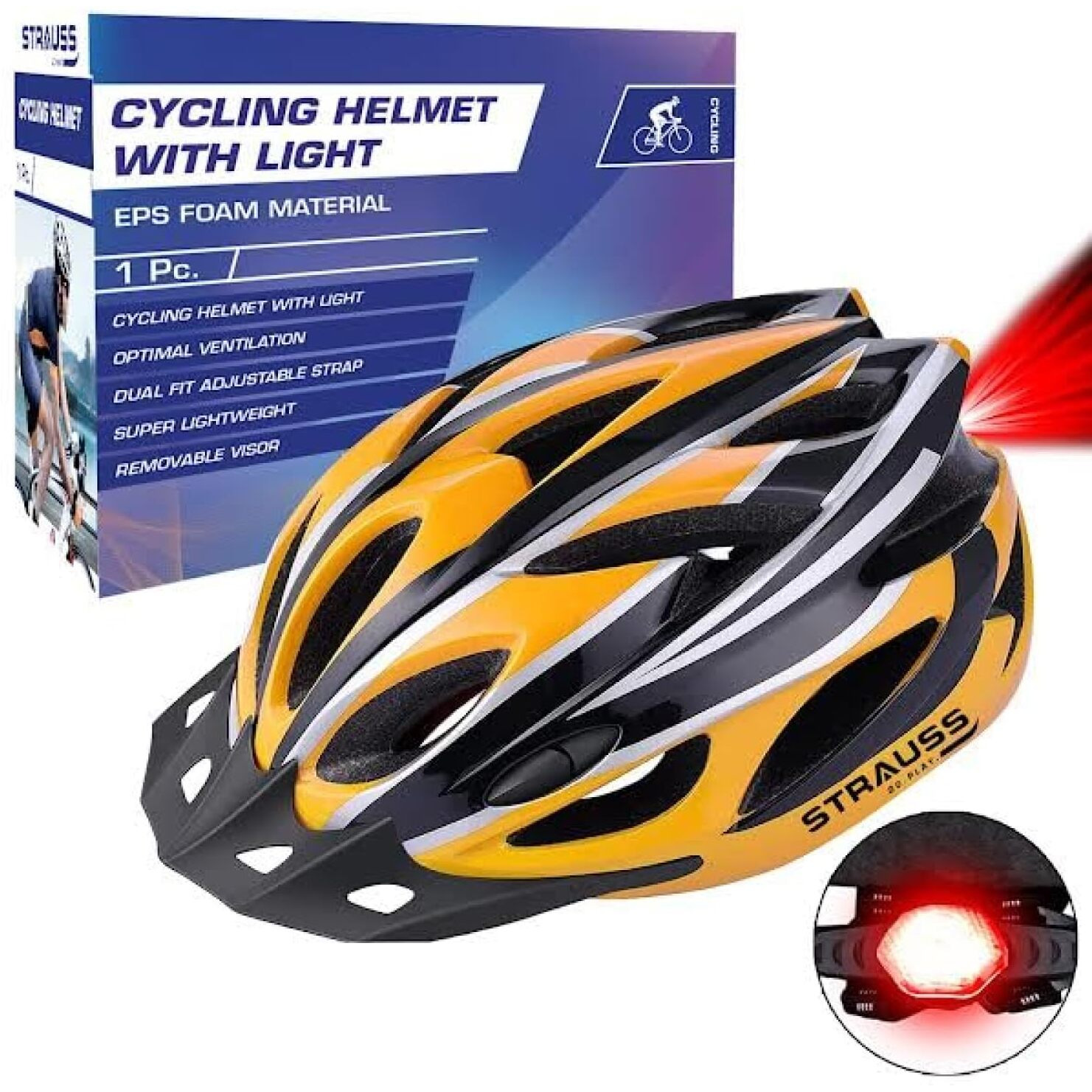 STRAUSS Adjustable Cycling&Skating Helmet With Detachable Visor&Safety Light|Light Weight With Ventilation|Adjustable Strap,Comfortable Chin Pad|Ideal For Men,Women&Kids (Black/Yellow,Standard)