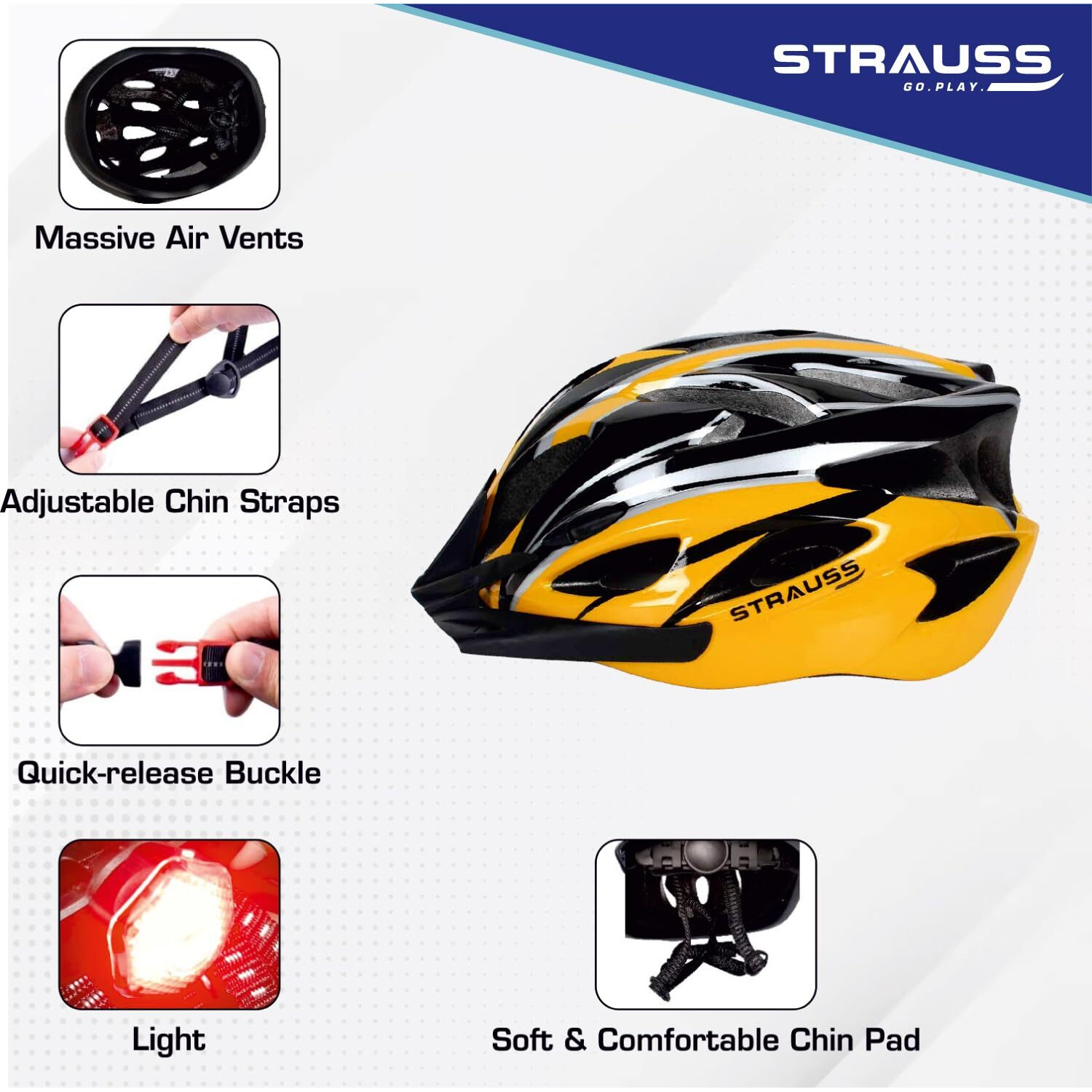 STRAUSS Adjustable Cycling&Skating Helmet With Detachable Visor&Safety Light|Light Weight With Ventilation|Adjustable Strap,Comfortable Chin Pad|Ideal For Men,Women&Kids (Black/Yellow,Standard)