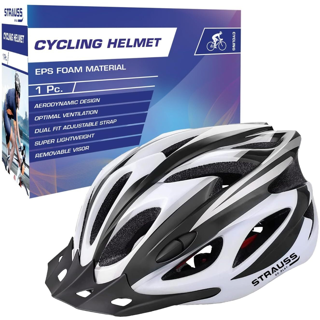 STRAUSS Adjustable Cycling&Skating Helmet With Detachable Visor&Safety Light|Light Weight With Ventilation|Adjustable Strap,Comfortable Chin Pad|Ideal For Men,Women&Kids (Black/White,Standard)
