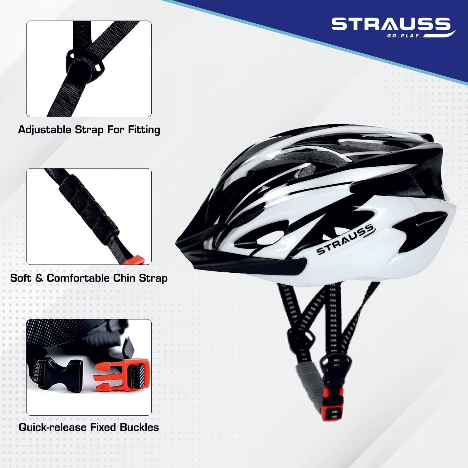 STRAUSS Adjustable Cycling&Skating Helmet With Detachable Visor&Safety Light|Light Weight With Ventilation|Adjustable Strap,Comfortable Chin Pad|Ideal For Men,Women&Kids (Black/White,Standard)