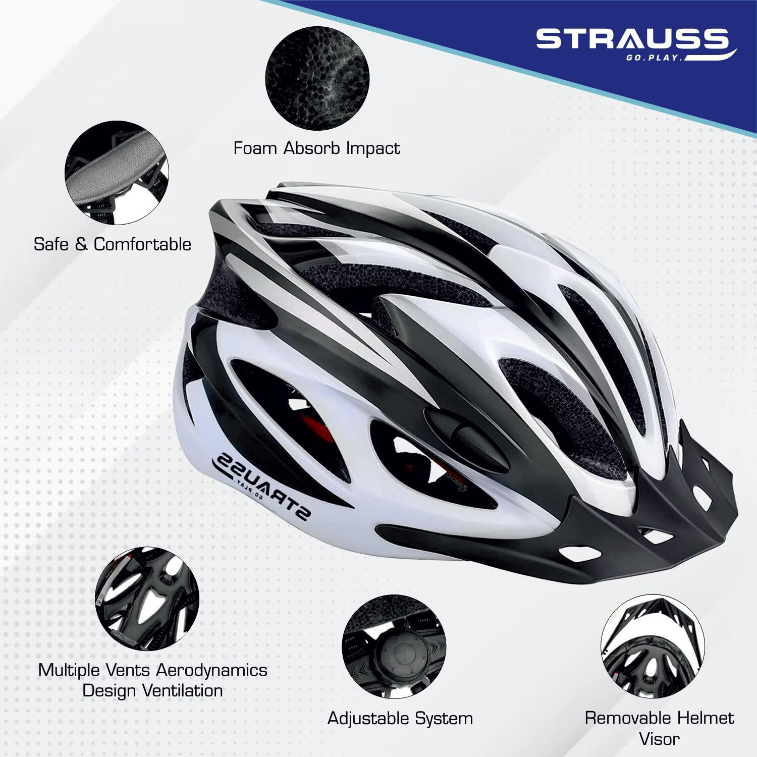 STRAUSS Adjustable Cycling&Skating Helmet With Detachable Visor&Safety Light|Light Weight With Ventilation|Adjustable Strap,Comfortable Chin Pad|Ideal For Men,Women&Kids (Black/White,Standard)