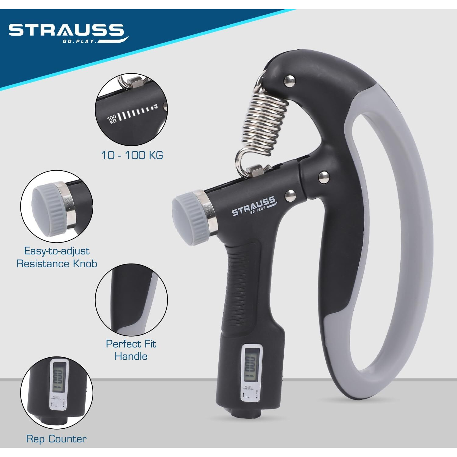 Strauss D-Shape Hand Grip with Digital Counter | Adjustable Resistance (10KG -100KG) | Hand/Power Gripper for Home & Gym Workouts | Finger & Forearm Hand Exercises & Strength Building (Black)