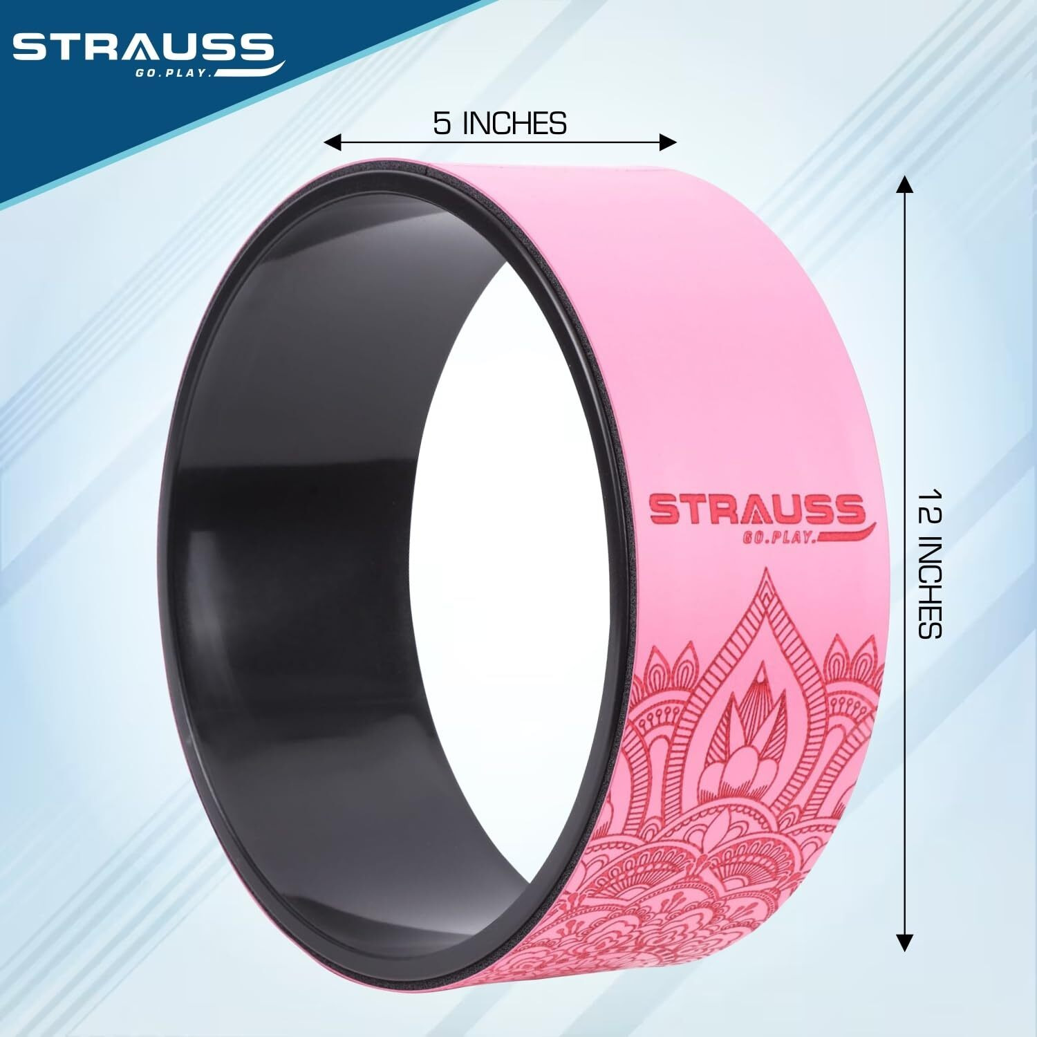 Strauss Yoga Wheel | Ideal for Stretching, Backbends, Exercise, Deep Tissue Massage & Back Pain Relief | Dharma Yoga Prop Wheel with Ultimate Comfort | 12-inch, (Black/Pink)