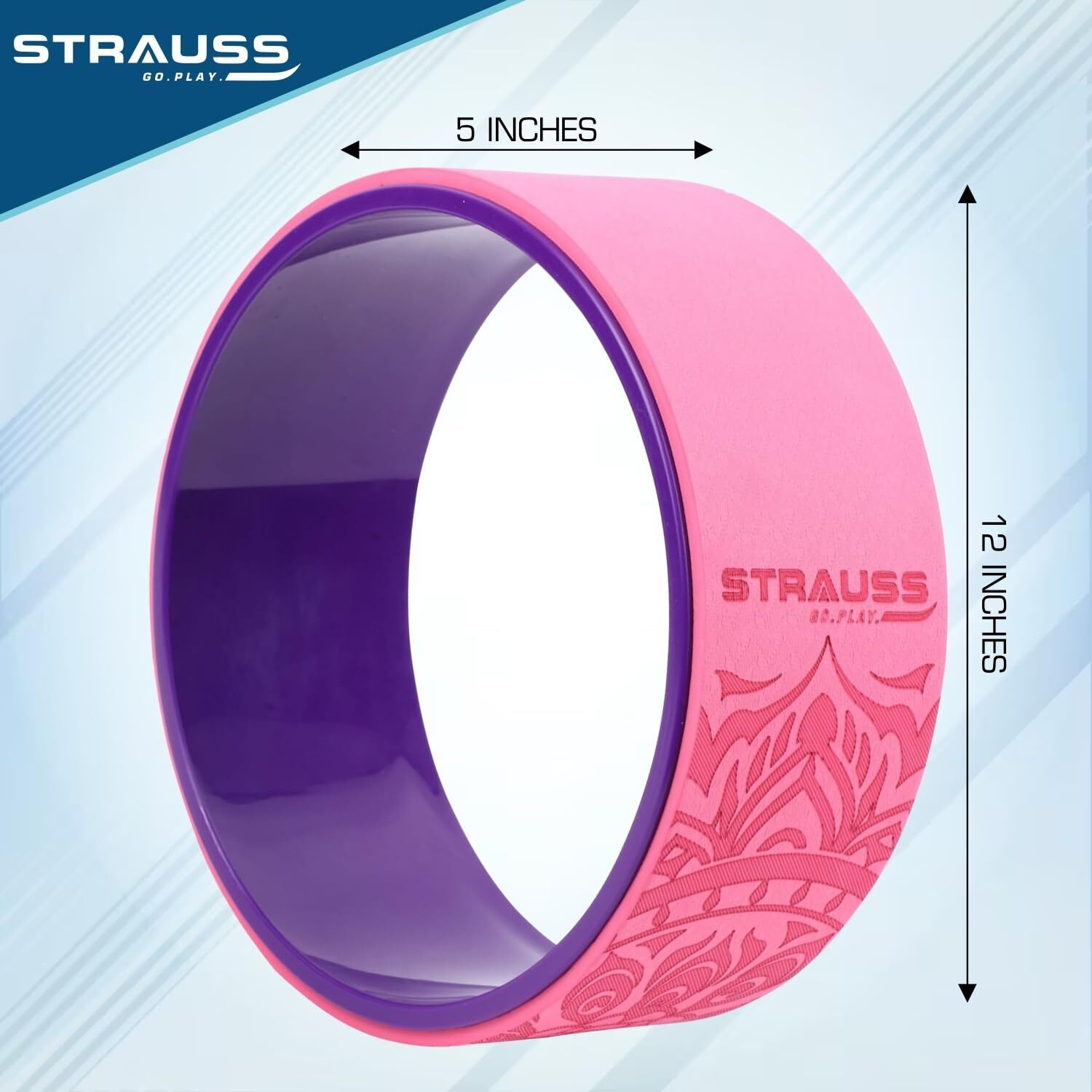 Strauss Yoga Wheel | Ideal for Stretching, Backbends, Exercise, Deep Tissue Massage & Back Pain Relief | Dharma Yoga Prop Wheel with Ultimate Comfort | 12-inch, (Purple & Pink)