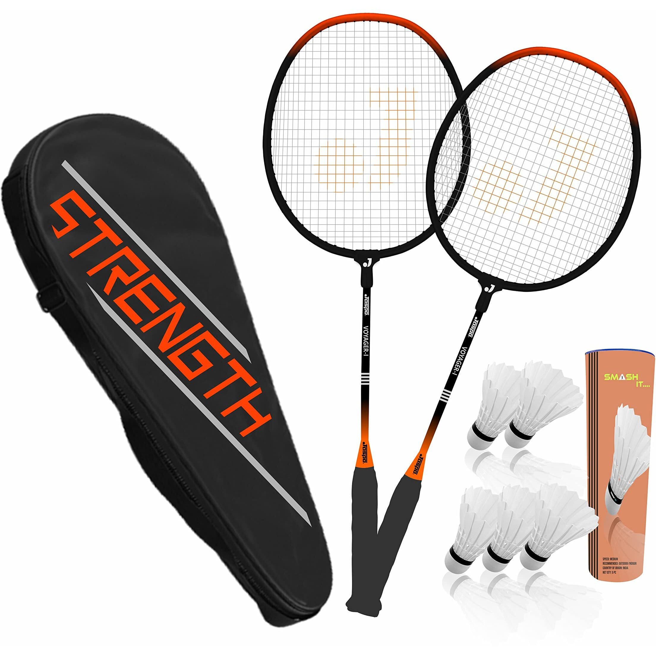 Jaspo GET Set Steel Badminton Racket Combo Set, Lightweight Badminton Racquet (1 Pair) with 5 pc Feather shuttlecocks and 1 Carrying Bag for Outdoor Games Suitable for Beginners