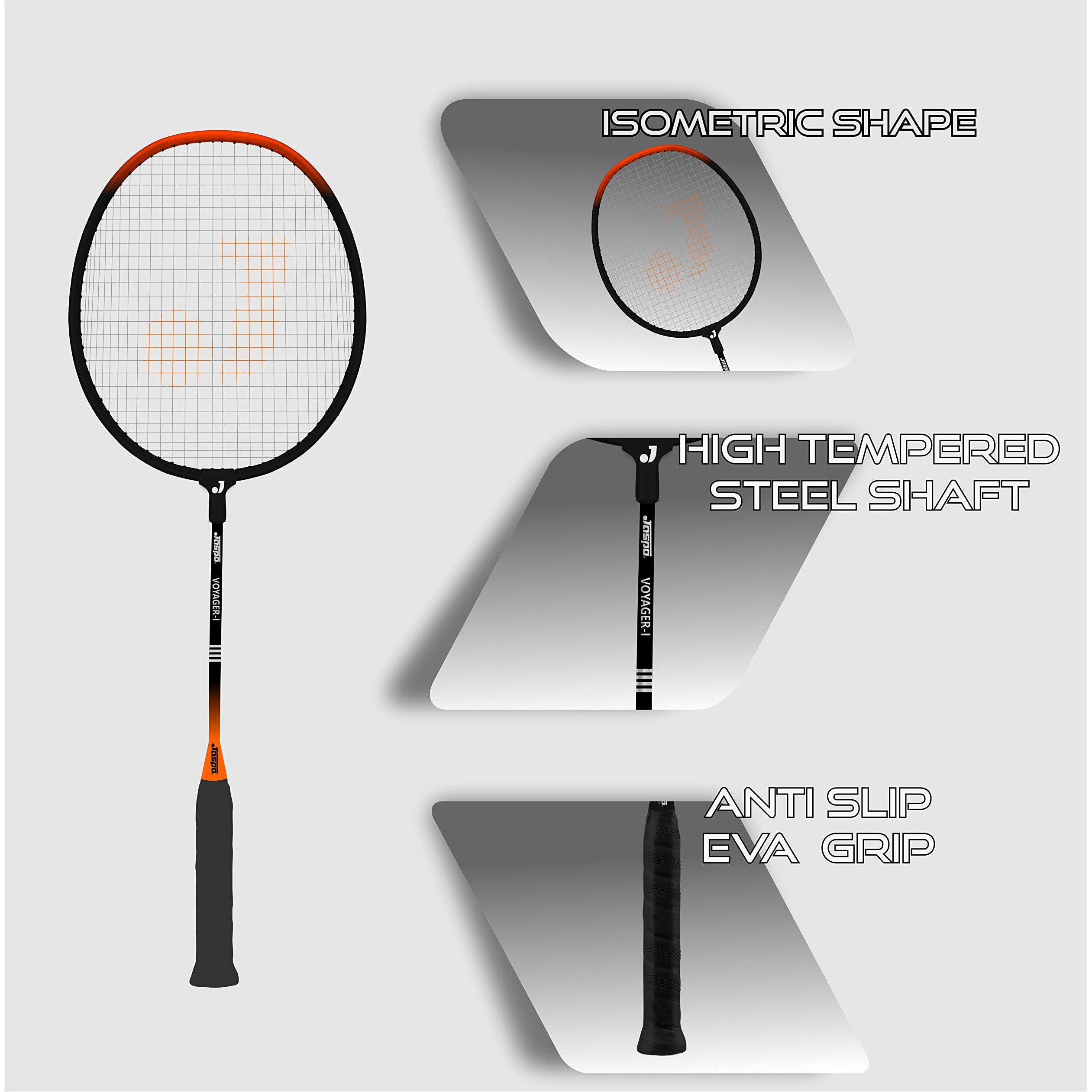 Jaspo GET Set Steel Badminton Racket Combo Set, Lightweight Badminton Racquet (1 Pair) with 5 pc Feather shuttlecocks and 1 Carrying Bag for Outdoor Games Suitable for Beginners