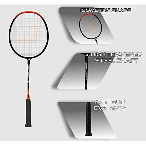 Jaspo GET Set Steel Badminton Racket Combo Set, Lightweight Badminton Racquet (2 Pair) with 5 pc Feather shuttlecocks and 2 Carrying Bag for Outdoor Games Suitable for Beginners