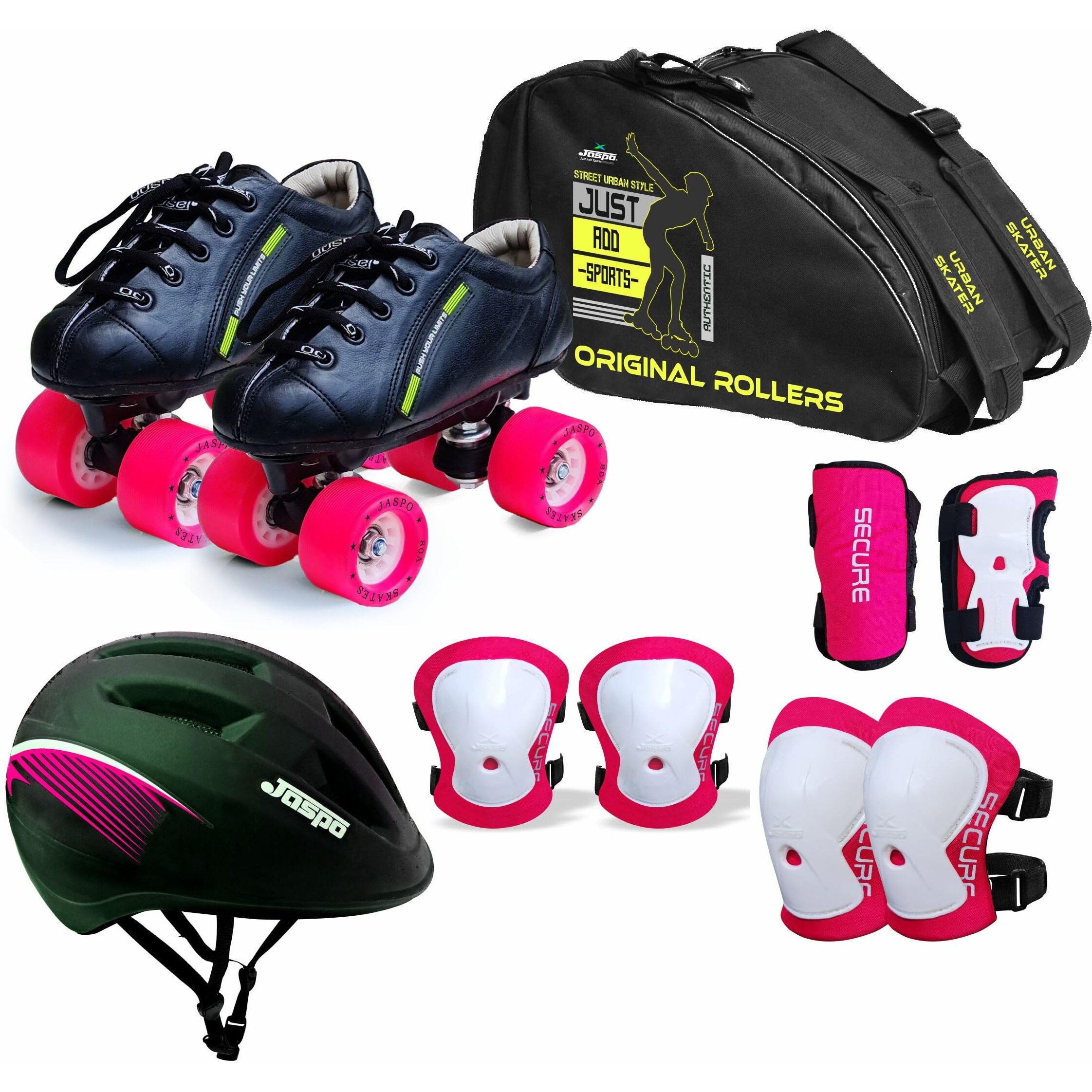 jaspo Skater Girl Pro Outdoor Wheel Shoe Skate Combo(Outdoor Wheel Shoe Skates+ Helmet+Knee+Elbow+Wrist+Bag) (Size-13 Uk (Age 6-7 Yrs), Skater Girl Pro), Multicolor
