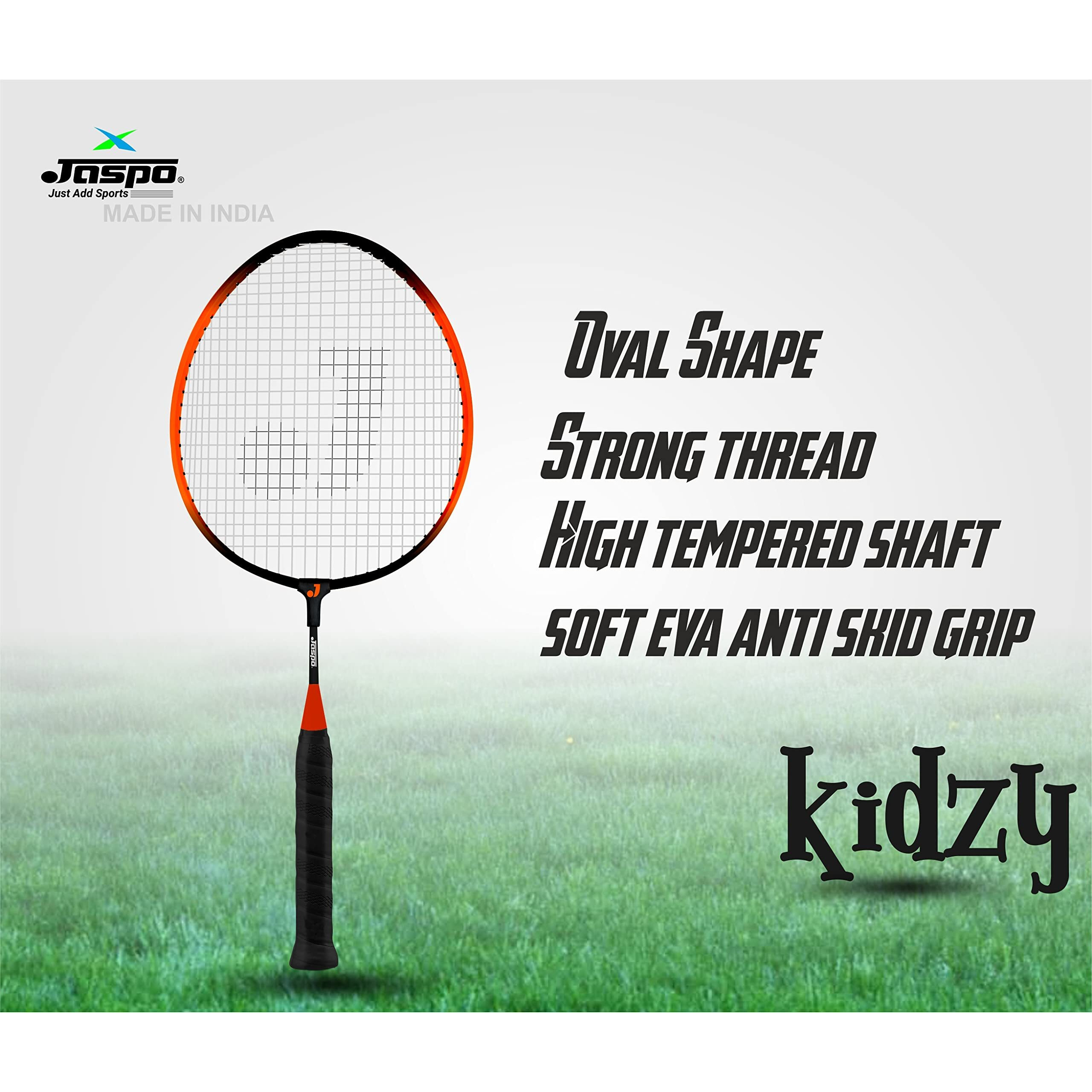 Jaspo Kidzy Steel Badminton Racket Set (Racquet Length-18 inches) with 5pc. Feather Shuttlecock (Orange)-Recommended for Kids only