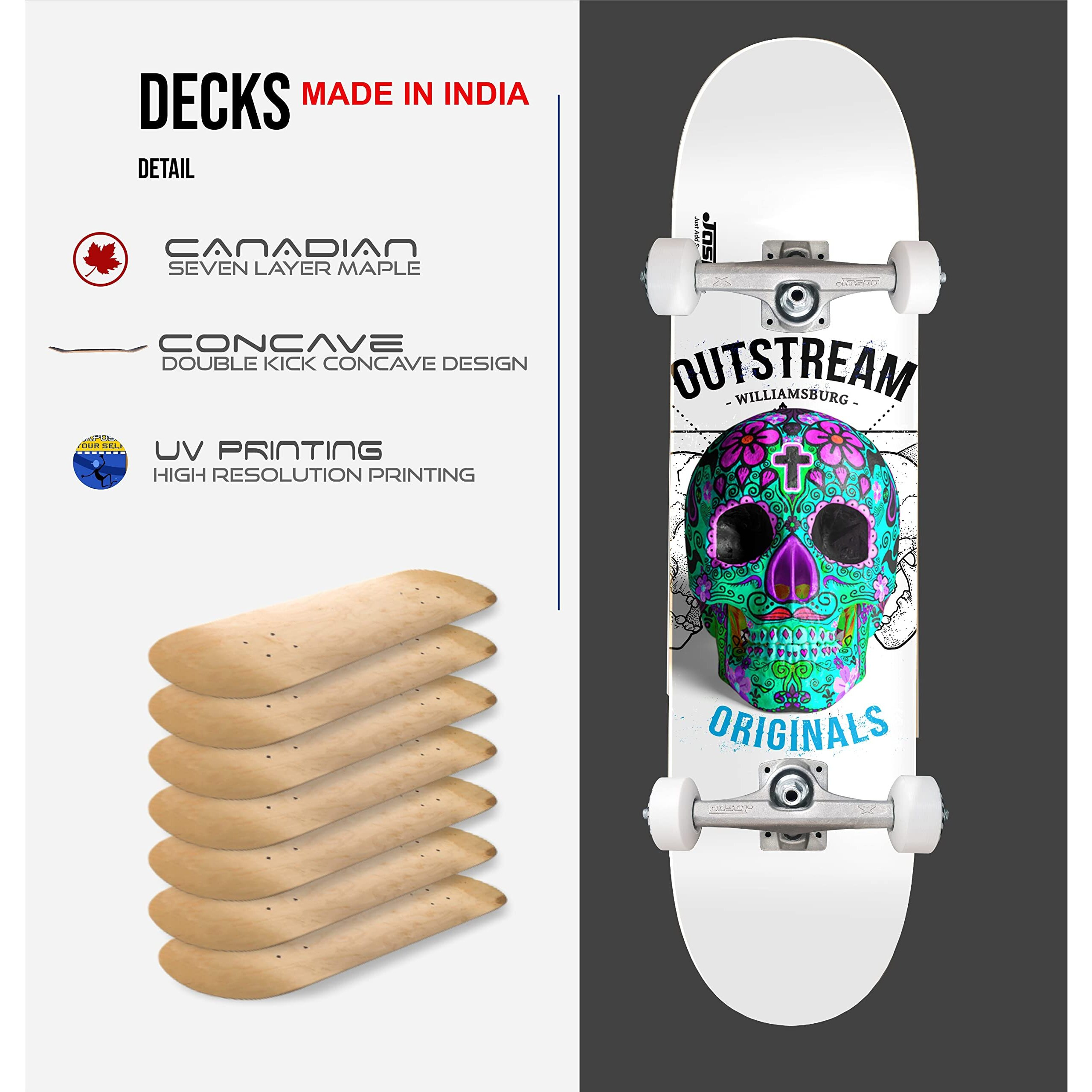 jaspo Dead Hat Uv Print Skateboard - 31X8 Inches, 7-Layer Canadian Maple, Fully Assembled For Kids/Youth/Adults (Dead Hat), Multi