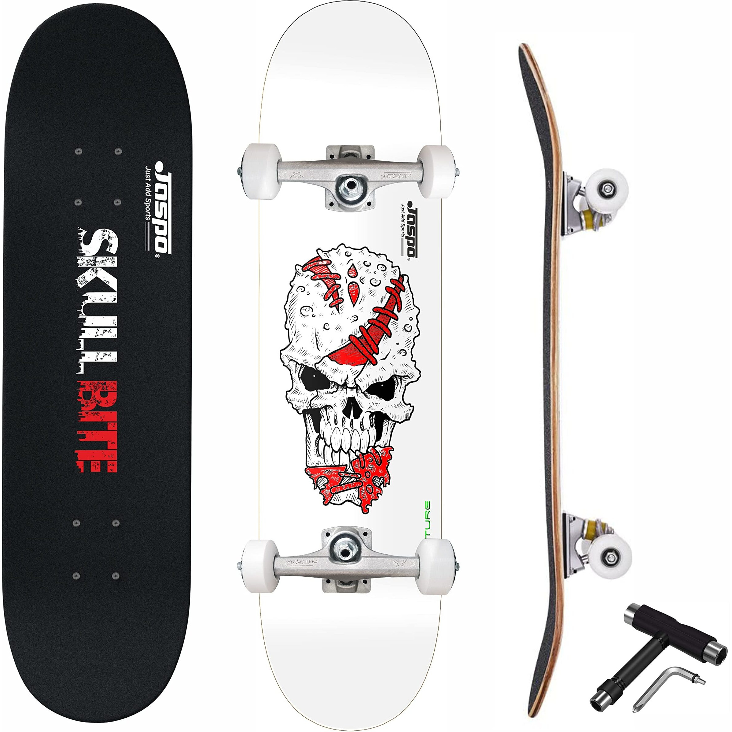 jaspo Skull Bite Uv Print Skateboard - 31X8 Inches, 7-Layer Canadian Maple, Fully Assembled For Kids/Youth/Adults (Skull Bite), Multicolor