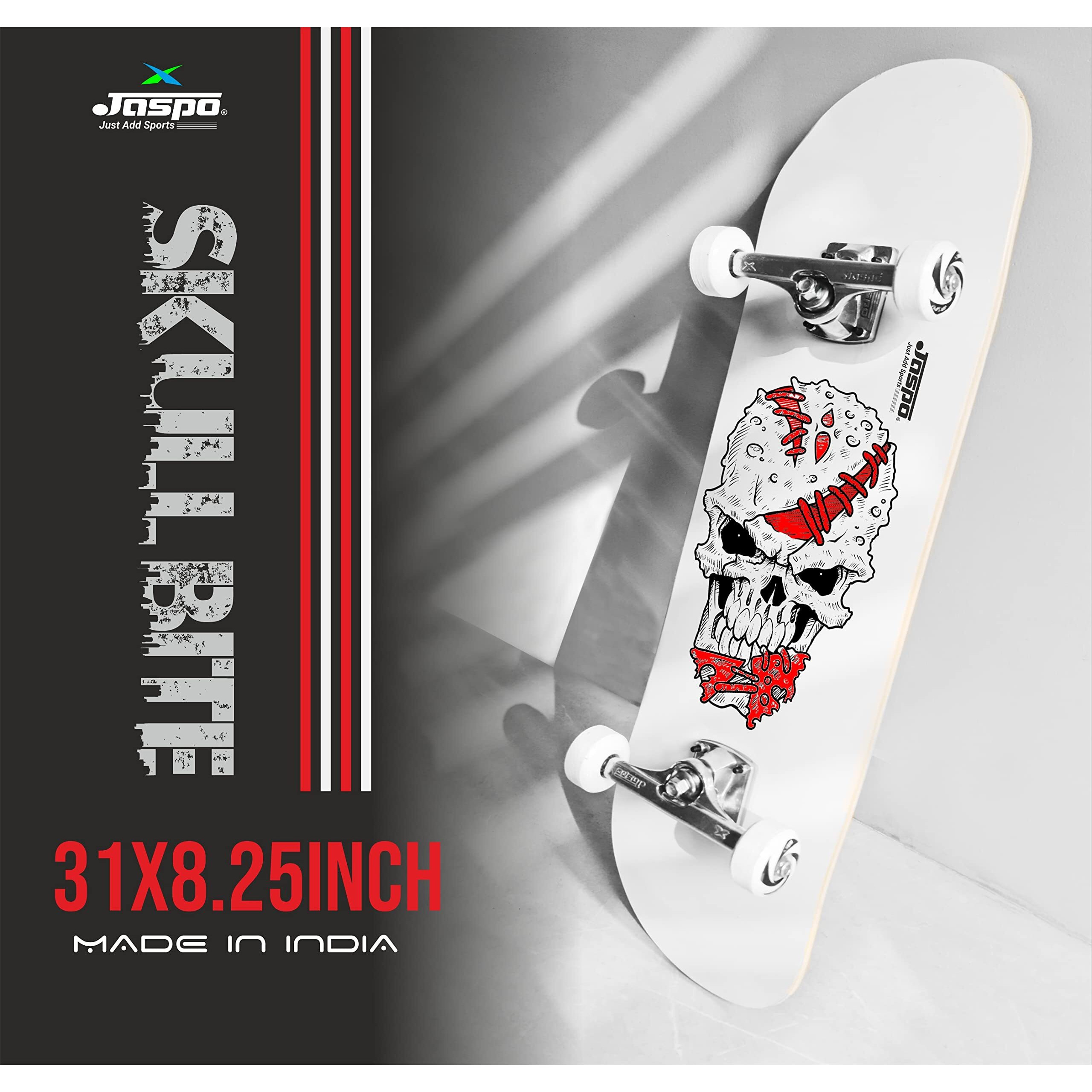 jaspo Skull Bite Uv Print Skateboard - 31X8 Inches, 7-Layer Canadian Maple, Fully Assembled For Kids/Youth/Adults (Skull Bite), Multicolor