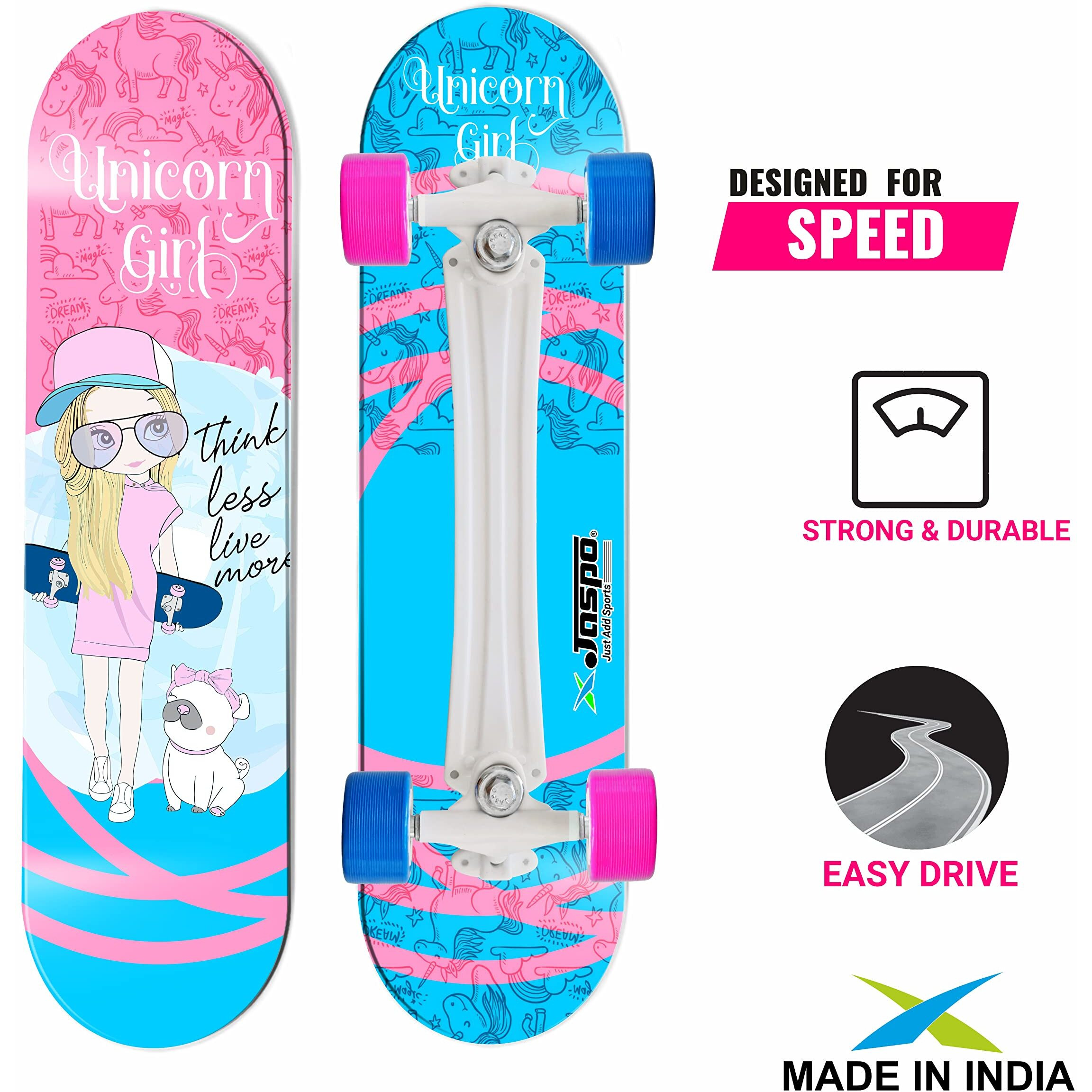 Jaspo Unicorn Girl Fiber Material Skateboard (26.5X6.5 Inches) (Combo (Knee,Elbow & Wrist Guard And Helmet) (For Age Group 7 Years And Above) (Unicorn Pro (Deck Size 26 X6.5 ) - Black