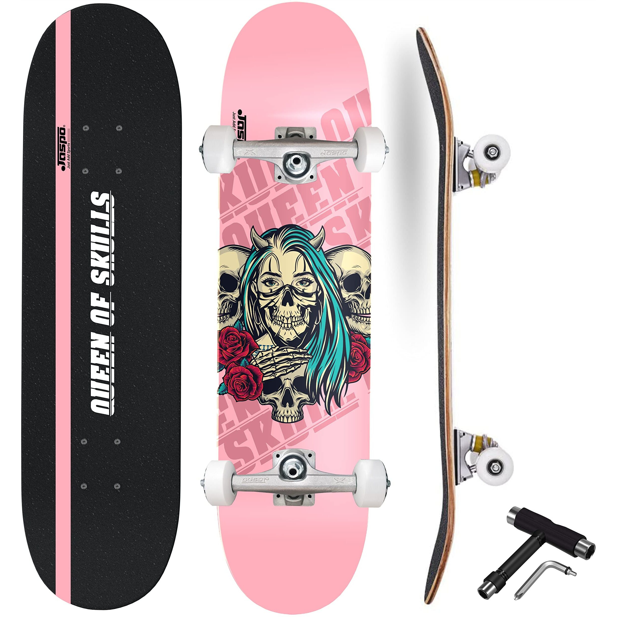 Jaspo Queen of Skull (31x 8inches) Standard Skateboard - 7 Layers Concave Shape Canadian Maple Fully Assembled Skateboard for Kids/Youth/Boys and Girls  Made in India