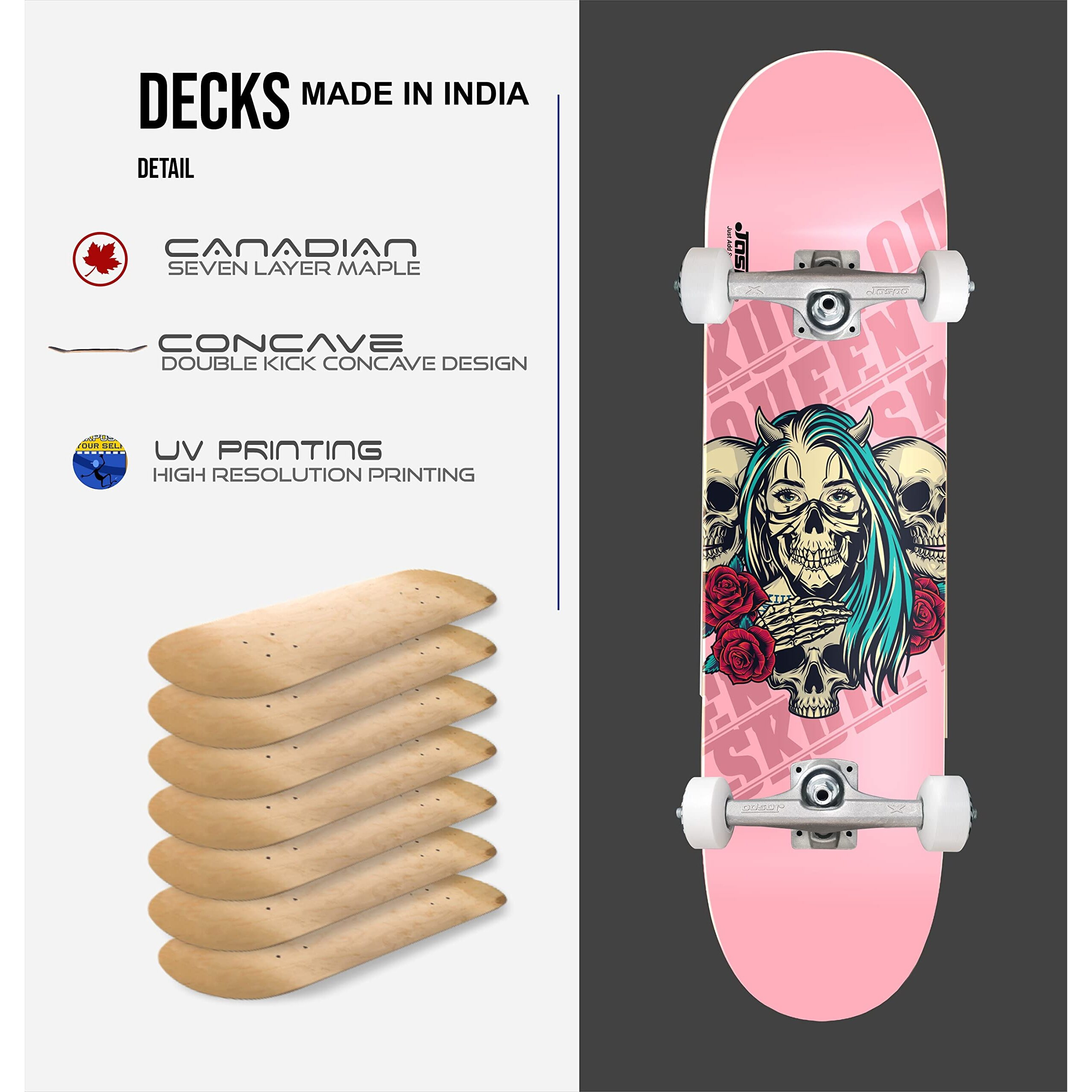 Jaspo Queen of Skull (31x 8inches) Standard Skateboard - 7 Layers Concave Shape Canadian Maple Fully Assembled Skateboard for Kids/Youth/Boys and Girls  Made in India