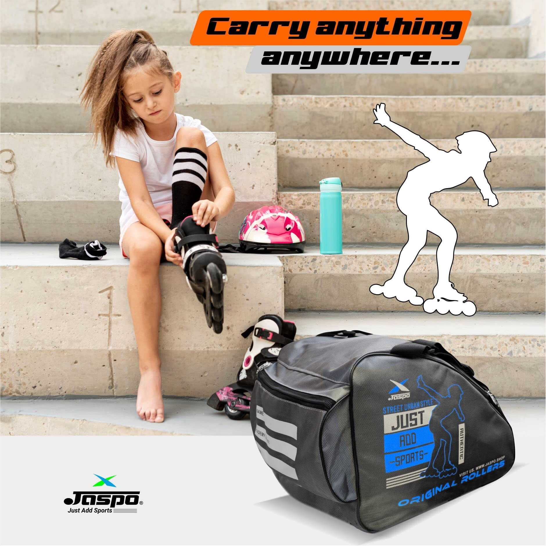 jaspo Marshal Trainers Adjustable Roller Skates Outdoor Wheel Combo(Skates + Helmet + Knee&Elbow Guards)- For Age Group 6 To 14 Years|AcademySchool Level Skating For Unisex_Youth(Grey Blue(Bag Only))