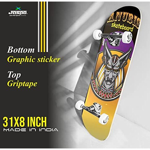 jaspo Try-Out Practice Indian Maple 31 X 8 Inches With Aluminium Truck Double Kick Concave Design For Beginners Suitable For Age Group Upto 13 Years-Made In India (Egyptian God), Multicolor