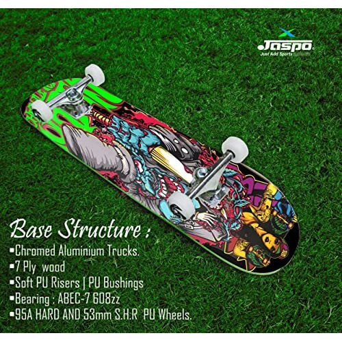 Jaspo Try-Out Practice Indian Maple 31 x 8 Inches with Aluminium Truck Double Kick Concave Design for Beginners Suitable for Age Group Upto 13 Years-Made in India (Killer Clown) multi