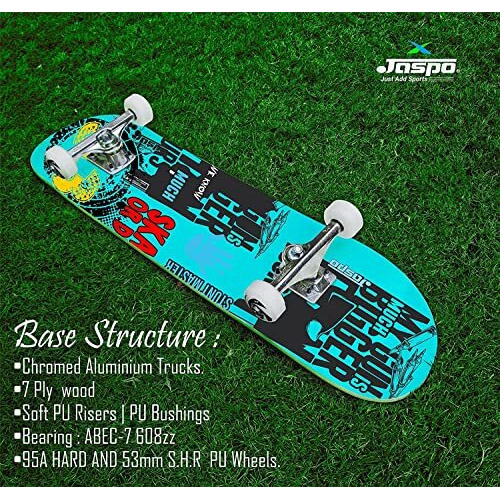jaspo Try-Out Practice Indian Maple 31 X 8 Inches With Aluminium Truck Double Kick Concave Design For Beginners Suitable For Age Group Upto 13 Years-Made In India (Celestial World), Multicolor