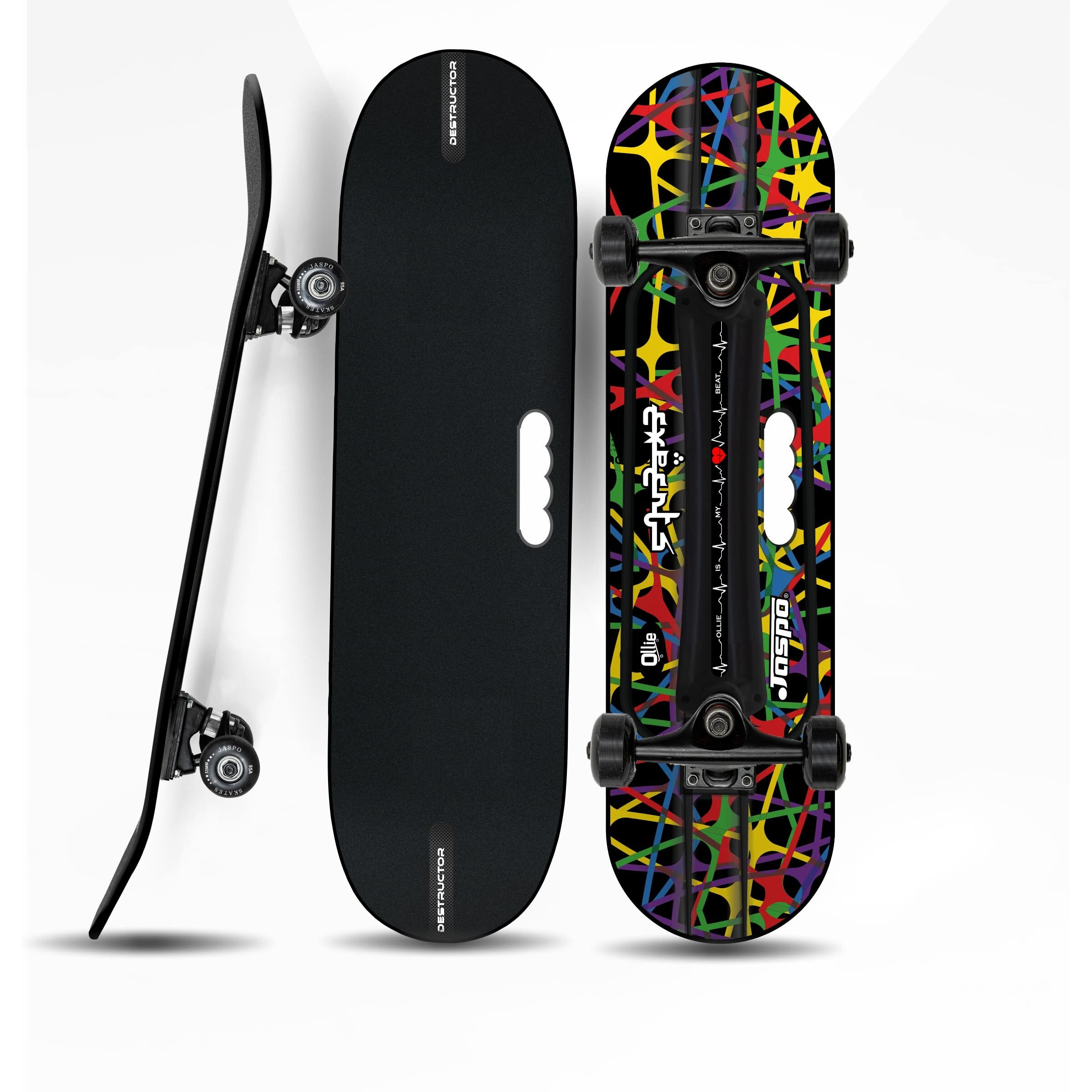 Jaspo Hurricane Ollie 31  x 8  Fiber Composite Skateboards Beginners & Learners of All Age Group with 80 Grit Grip Tape on Front Side & Attractive Sticker Graphics on Back Side, Multicolor