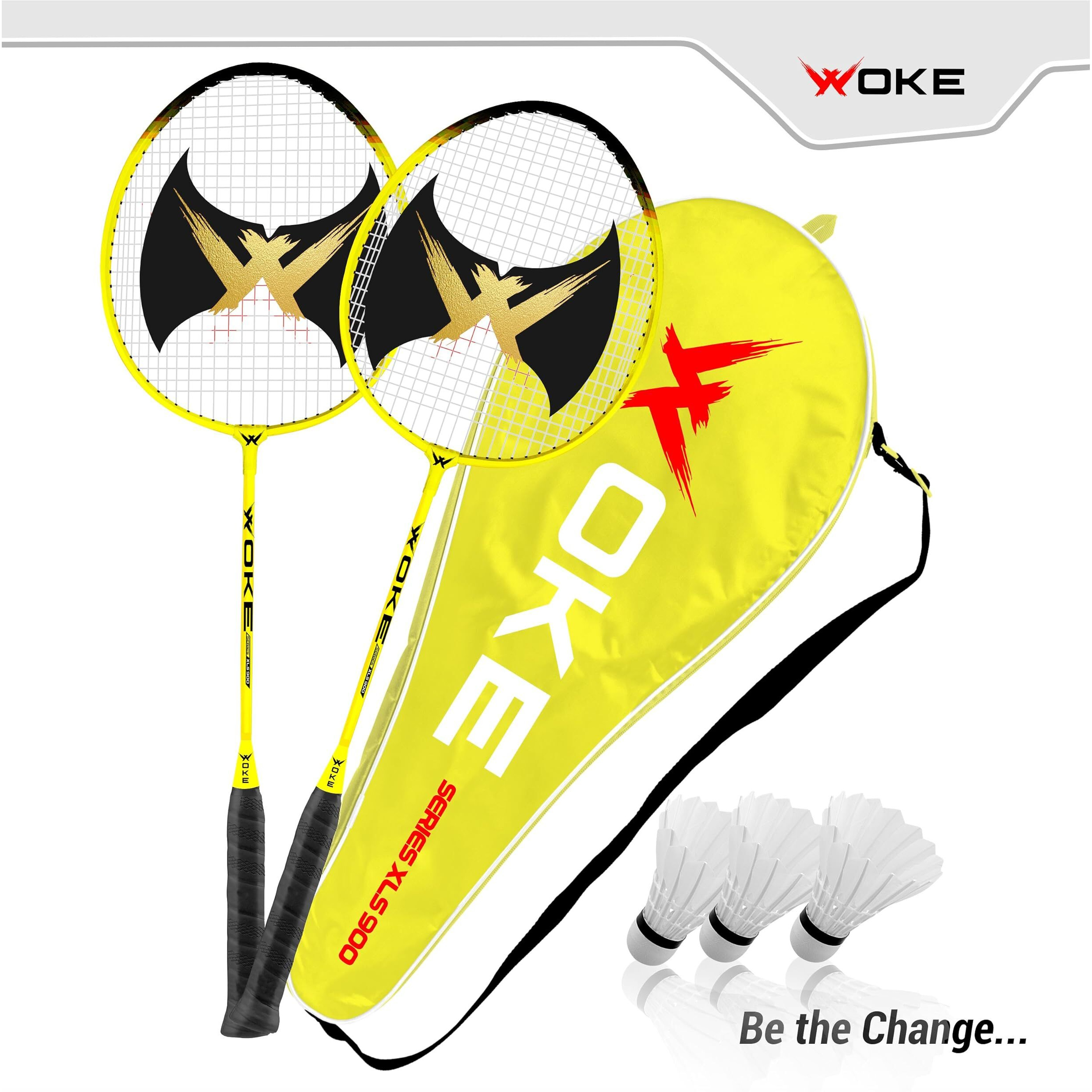 Woke XLS900 Badminton Racket Set Oval Aluminum Head Shape, high Tempered Steel Shape with Free 3 Birdie Feather Shuttlecocks,with String Tension, Suitable for All Ages Youth and Adults (Yellow)