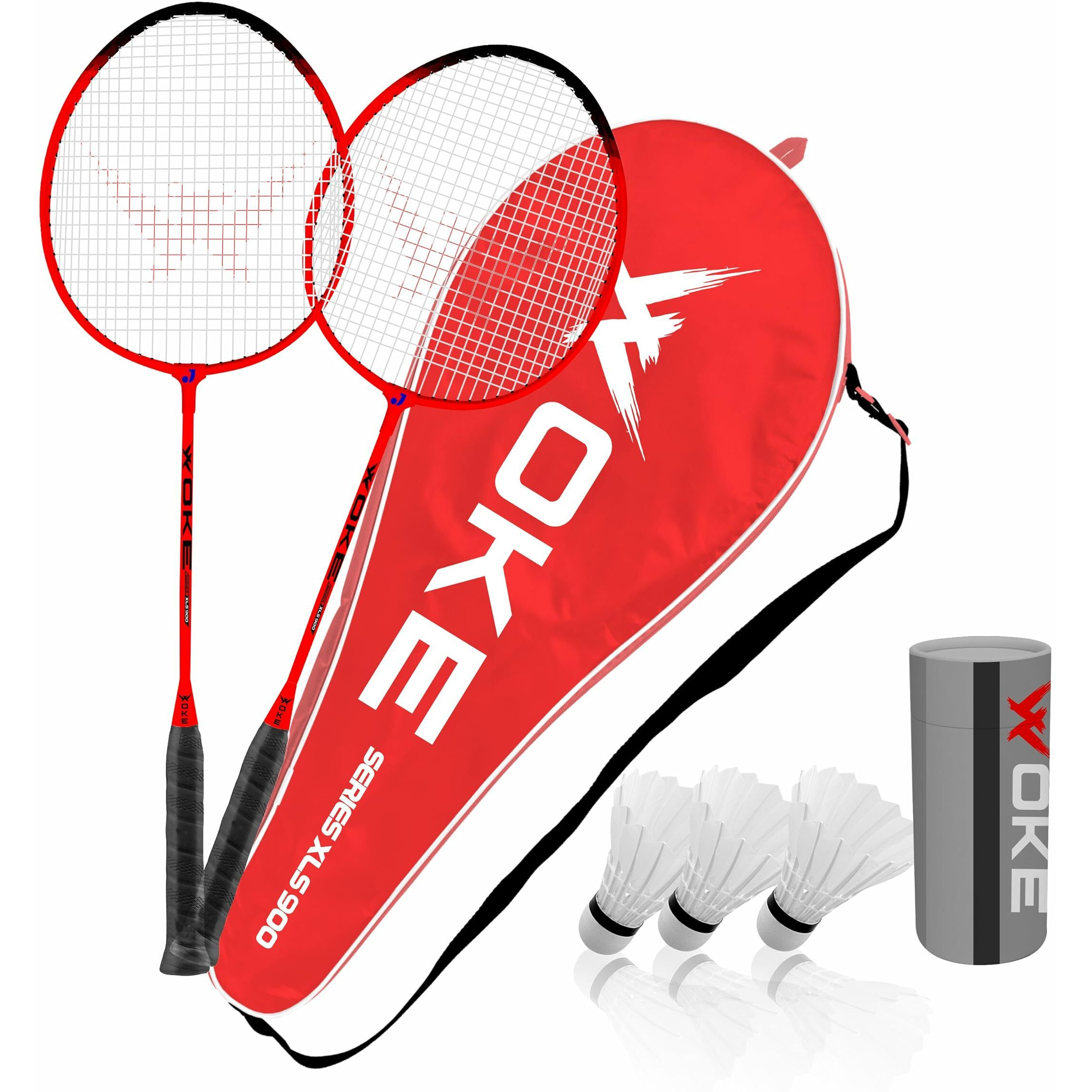 Woke XLS900 Badminton Racket Set Oval Aluminum Head Shape, high Tempered Steel Shape with Free 3 Birdie Feather Shuttlecocks,with String Tension, Suitable for All Ages Youth and Adults (RED)