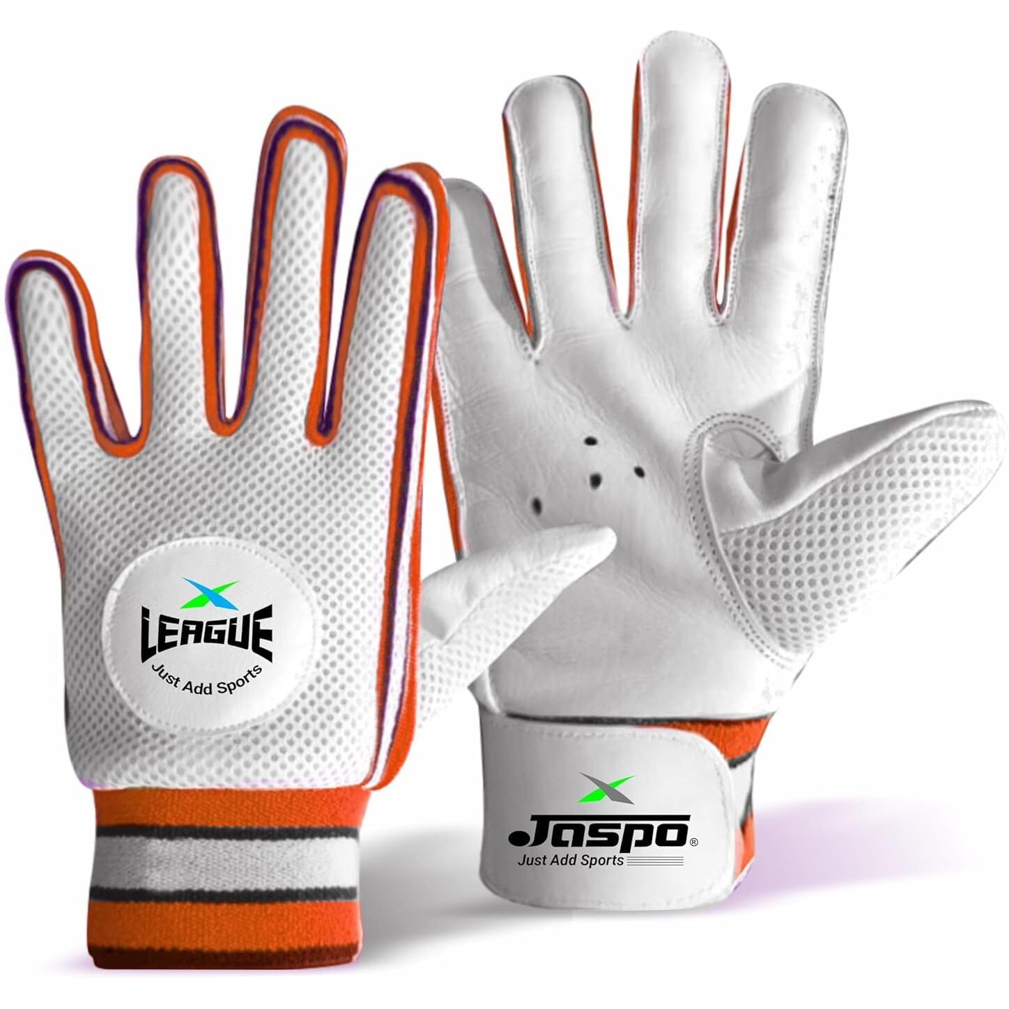 jaspo League Cricket Batting Gloves-for Beginners Leather Palm, Nylon Stitch, Air Vents with Elastic Towel Wrap for Adult/Senior Color (White Orange)-Recommended for Soft Ball only