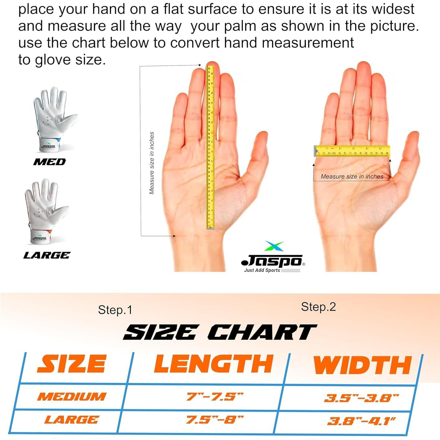 jaspo League Cricket Batting Gloves-for Beginners Leather Palm, Nylon Stitch, Air Vents with Elastic Towel Wrap for Adult/Senior Color (White Orange)-Recommended for Soft Ball only