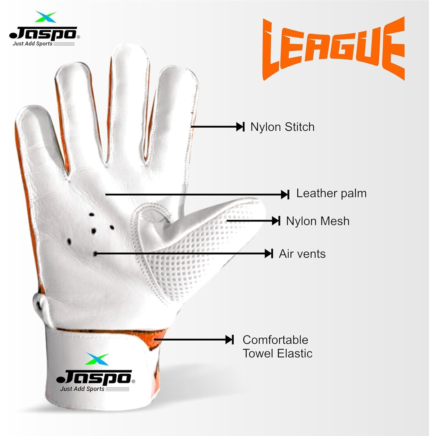 jaspo League Cricket Batting Gloves-for Beginners Leather Palm, Nylon Stitch, Air Vents with Elastic Towel Wrap for Adult/Senior Color (White Orange)-Recommended for Soft Ball only