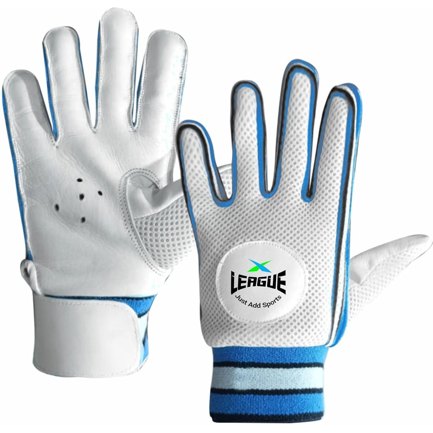 jaspo League Cricket Batting Gloves-for Beginner PlayersLeather Palm|Nylon Stitch|Air Vents|Elastic Towel Wrap for Adult/Seniors Color (White Blue)-Recommended for Soft Ball only