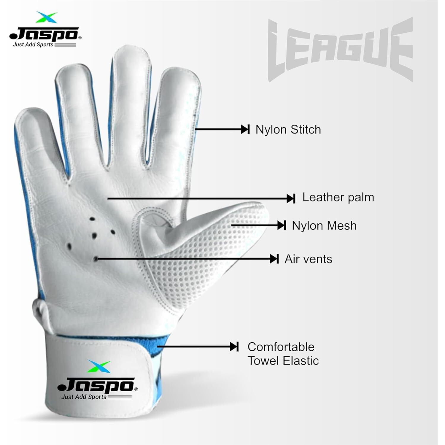 jaspo League Cricket Batting Gloves-for Beginner PlayersLeather Palm|Nylon Stitch|Air Vents|Elastic Towel Wrap for Adult/Seniors Color (White Blue)-Recommended for Soft Ball only